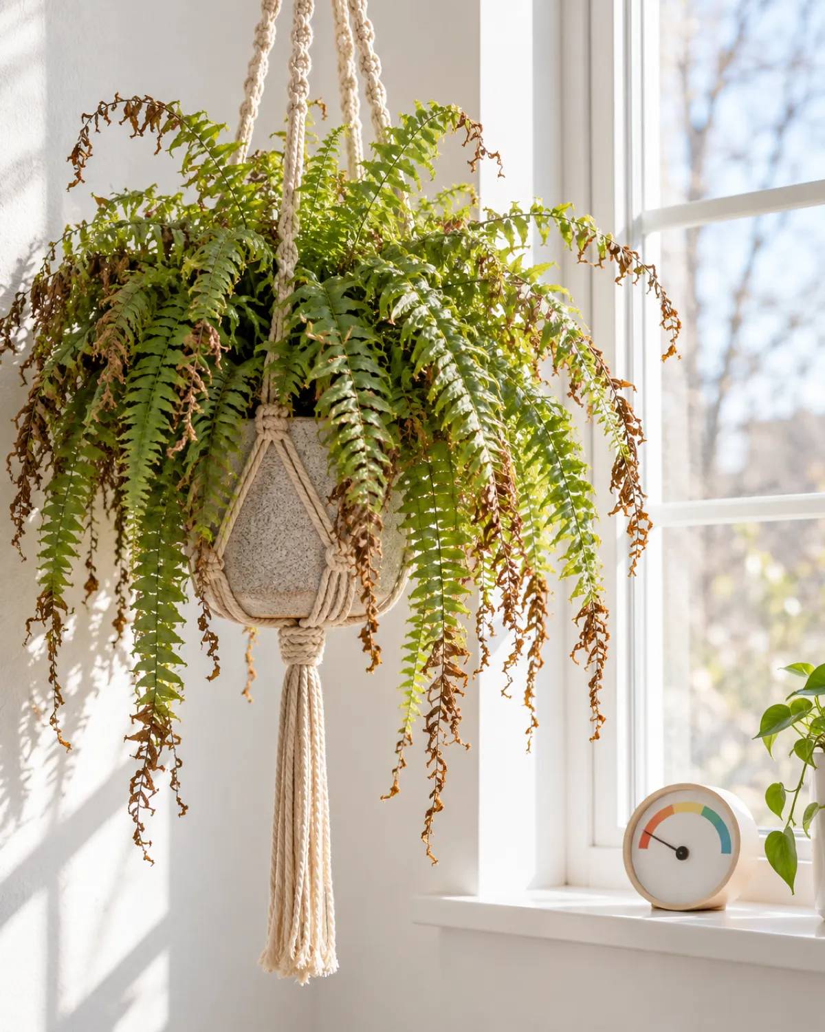 A Boston fern hanging in a macrame hanger near a sunny window its fronds drooping with brown crispy tips a small hygrometer on the windowsill showing a low reading the air looking dry and bright against a clean white wall background