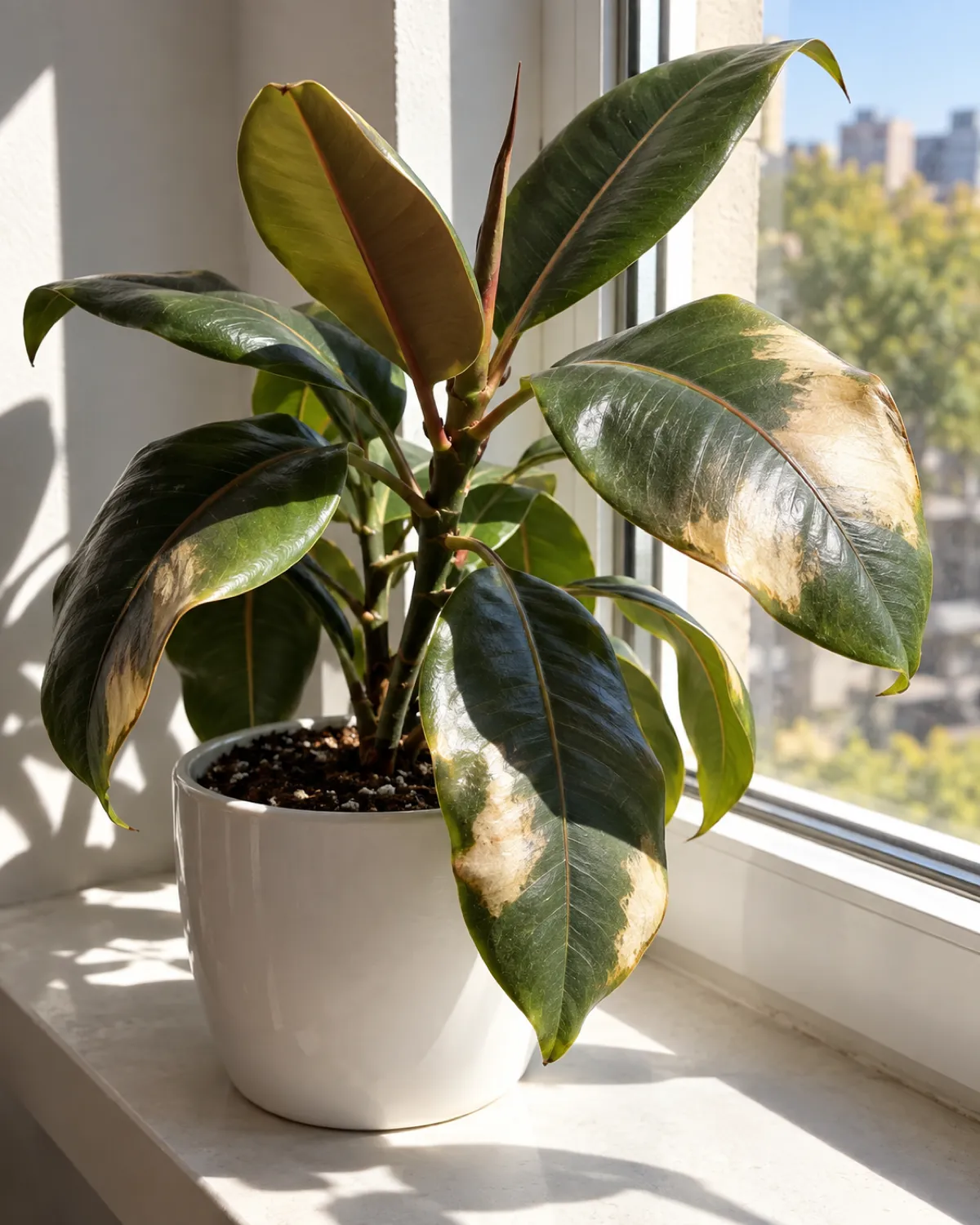 A rubber plant sitting directly in a south-facing window with harsh midday sun streaming onto its leaves some leaves showing bleached patches and wilting downward strong shadows and bright highlights creating dramatic contrast in a simple white ceramic pot