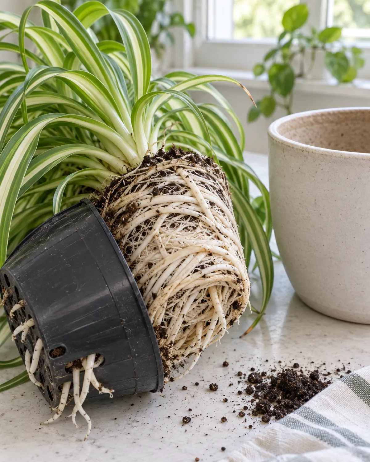 A spider plant pulled halfway out of a small pot revealing a dense mass of white roots circling tightly around the root ball with almost no soil visible roots growing out of the drainage holes the plant leaves drooping over the pot edges a larger empty pot nearby bright natural light