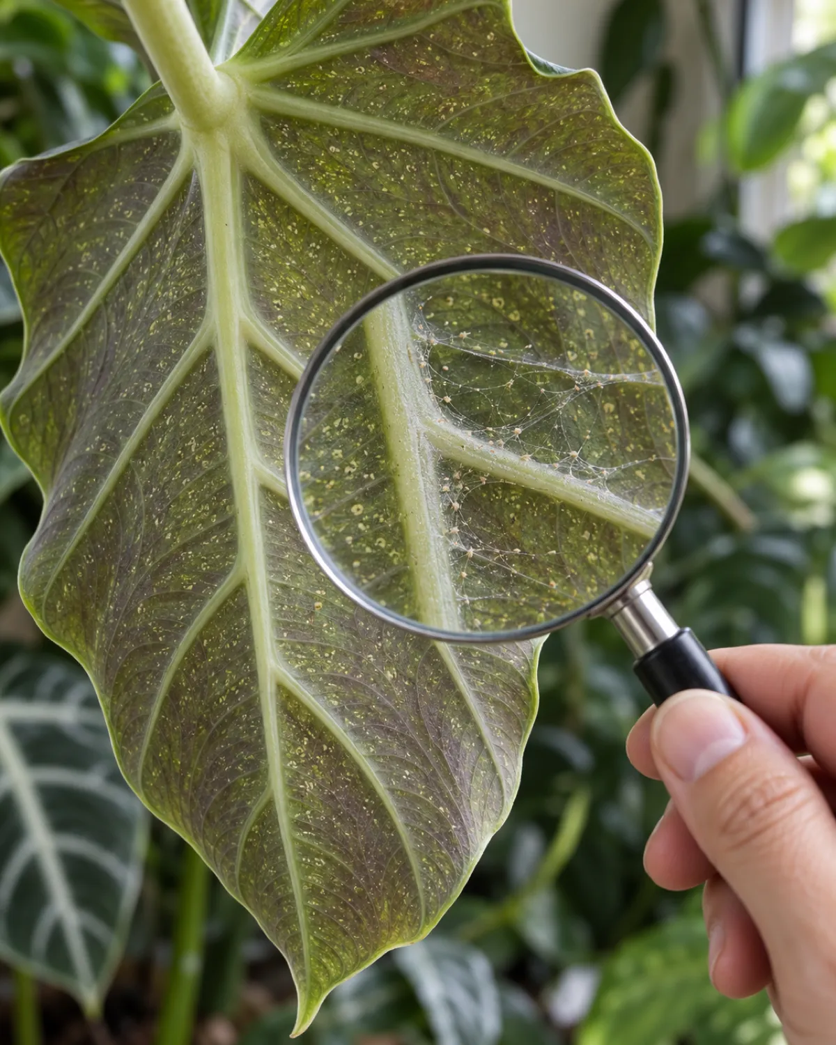 Close-up of the underside of an alocasia leaf showing tiny spider mite webbing between the leaf veins the leaf drooping with small yellow stippling dots a magnifying glass held by a hand with fingers together relaxed revealing the fine webbing bright indirect light dark green foliage in background