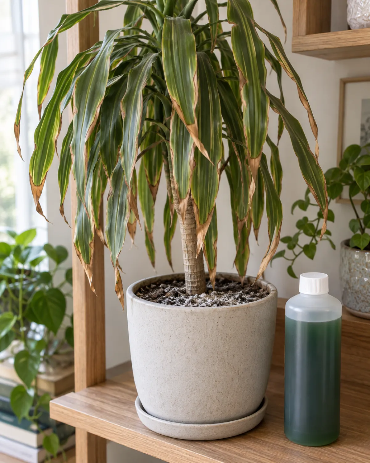 A potted dracaena with brown crispy leaf margins and a visible white salt crust on the soil surface the leaves drooping and tips burned brown a bottle of liquid plant fertilizer sitting next to the pot on a modern shelf with soft natural light
