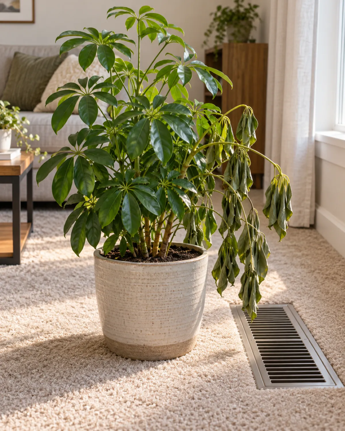 A schefflera placed on the floor next to a heating floor vent with the leaves on the vent side visibly wilted and drooping while the opposite side looks healthier the metal vent grate clearly visible living room setting carpet floor warm afternoon light