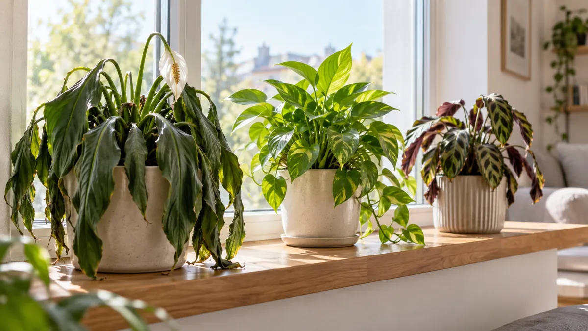 Three houseplants on a modern living room windowsill showing varying degrees of drooping a wilted peace lily on the left a healthy upright pothos in the center and a slightly wilted calathea on the right with bright morning light streaming through the window