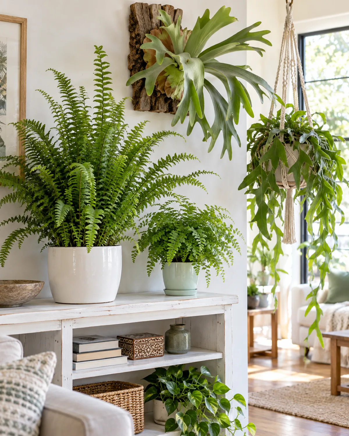Four different fern types arranged on a white wooden shelf showing size and growth habit contrast with an upright Kimberly Queen fern a compact lemon button fern a trailing kangaroo paw fern and a mounted staghorn fern