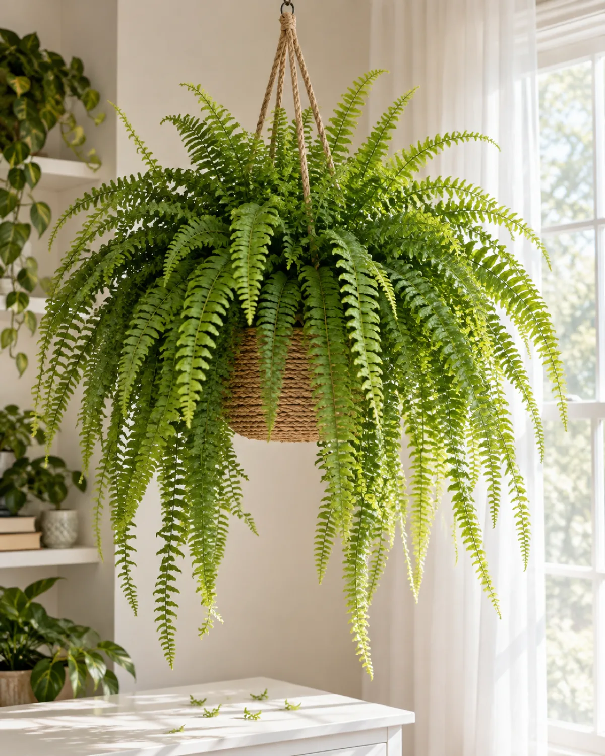 Lush Boston fern in a woven jute hanging basket with long arching bright green fronds cascading elegantly downward in a fountain shape near a bright window with sheer white curtains