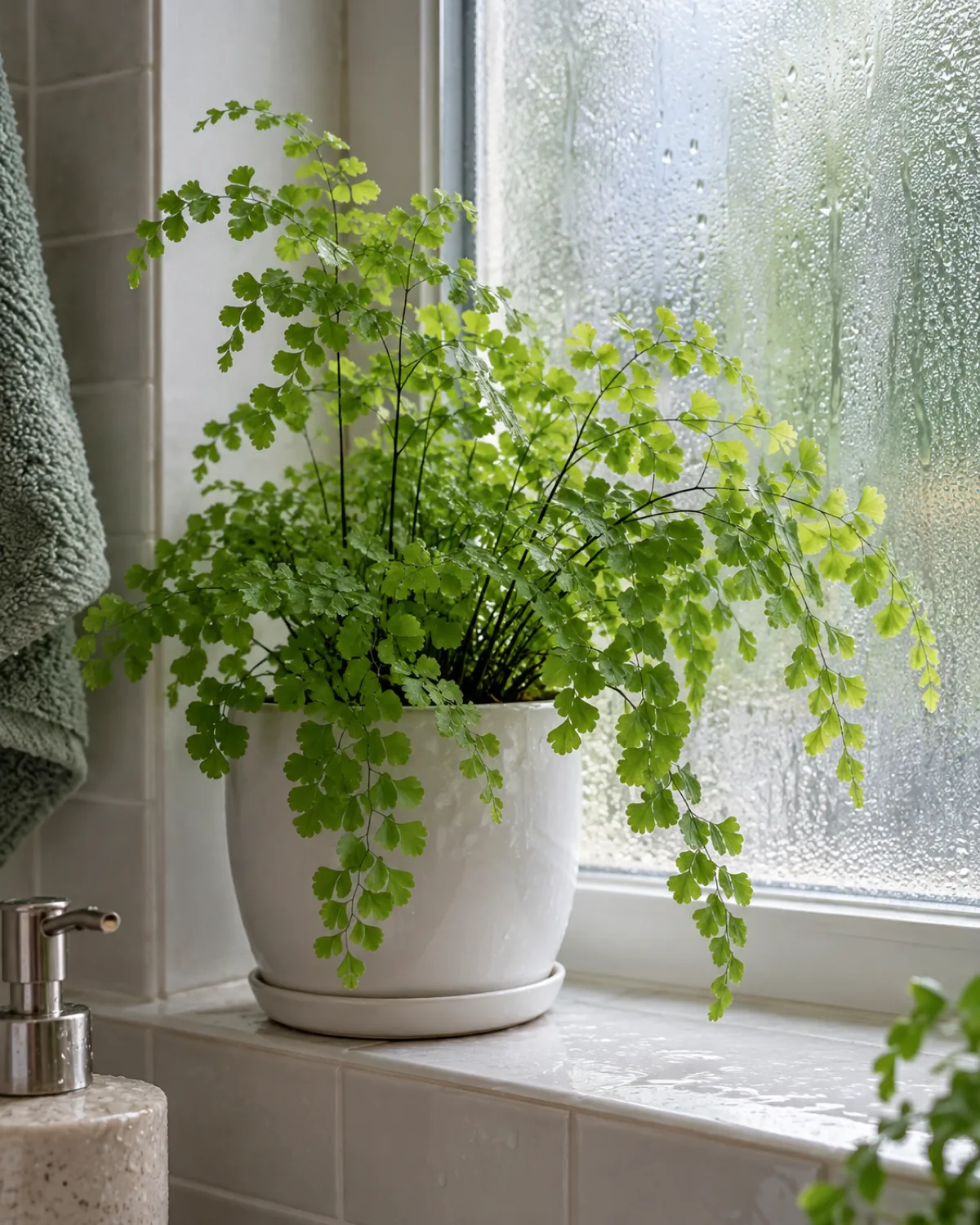 Maidenhair fern in a small white ceramic pot on a bathroom windowsill with delicate fan-shaped bright green leaflets on thin wiry dark black petioles and soft diffused light through frosted window glass