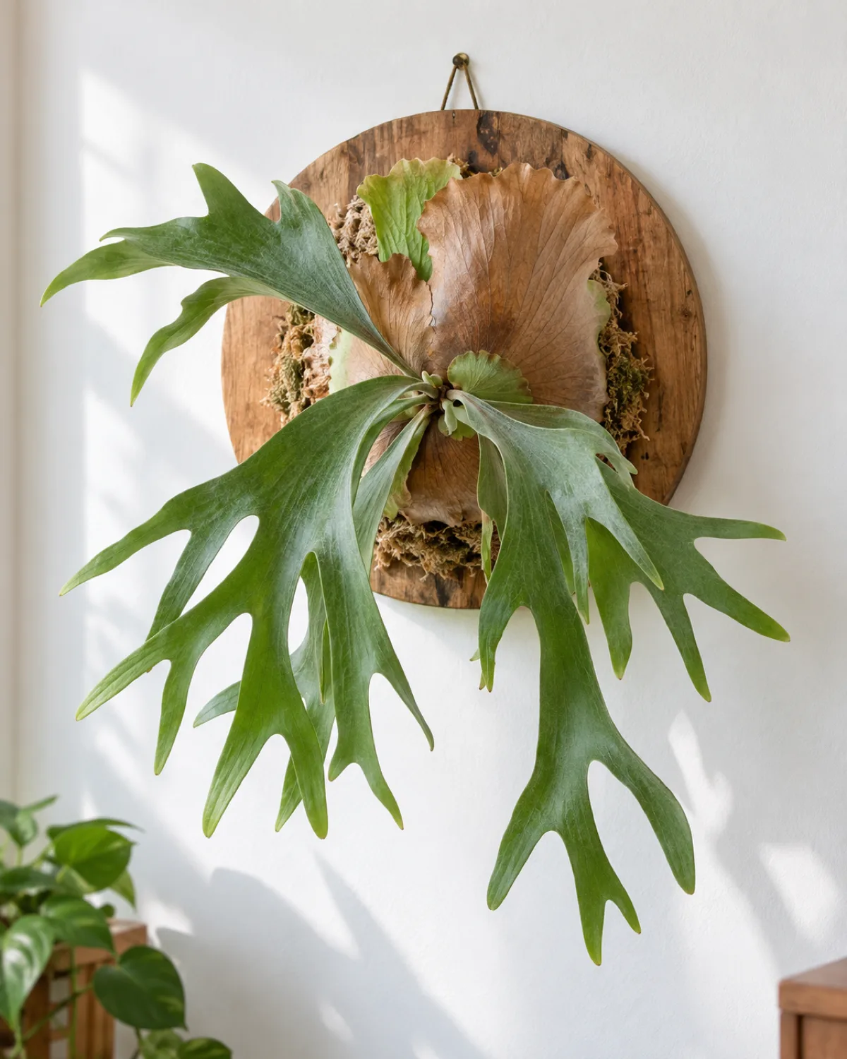 Staghorn fern mounted on a round wooden board hanging on a white wall showing brown shield fronds flat against the board and green antler-shaped fertile fronds extending outward with sphagnum moss between plant and board