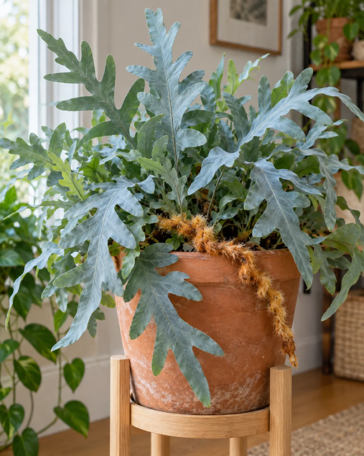 Blue star fern in a terracotta pot on a light wooden plant stand with distinctive blue-grey deeply lobed simple fronds and a golden-orange fuzzy rhizome creeping over the pot rim