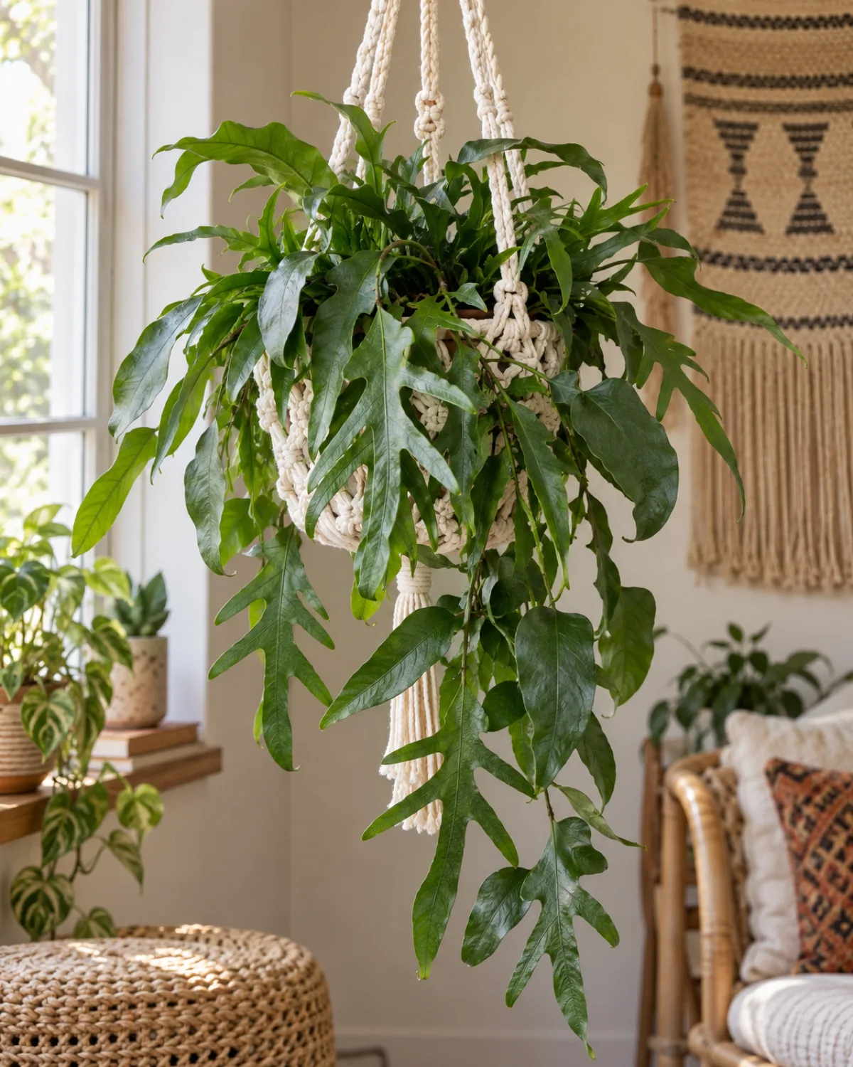 Kangaroo paw fern in a hanging macrame planter with thick cream cotton cord and dark green leathery irregularly-shaped fronds trailing and cascading downward in a casual boho indoor setting