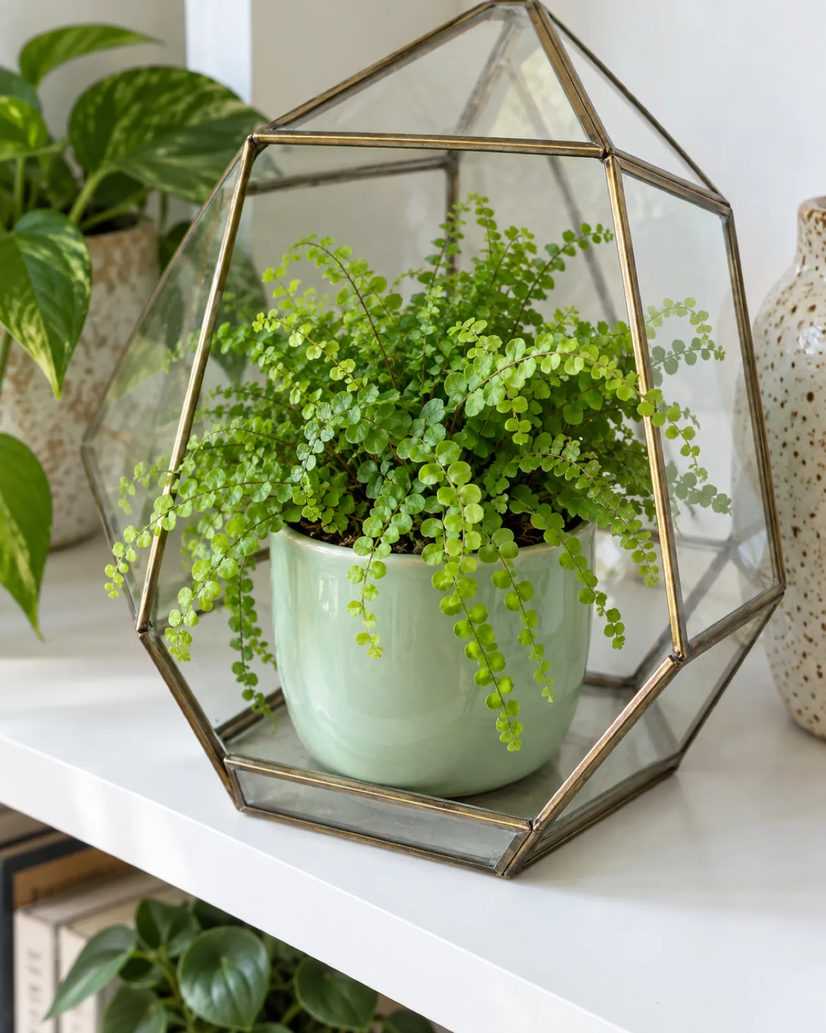 Lemon button fern in a small mint green ceramic pot with tiny round button-like bright green leaflets on delicate arching stems inside an open glass geometric terrarium on a white shelf
