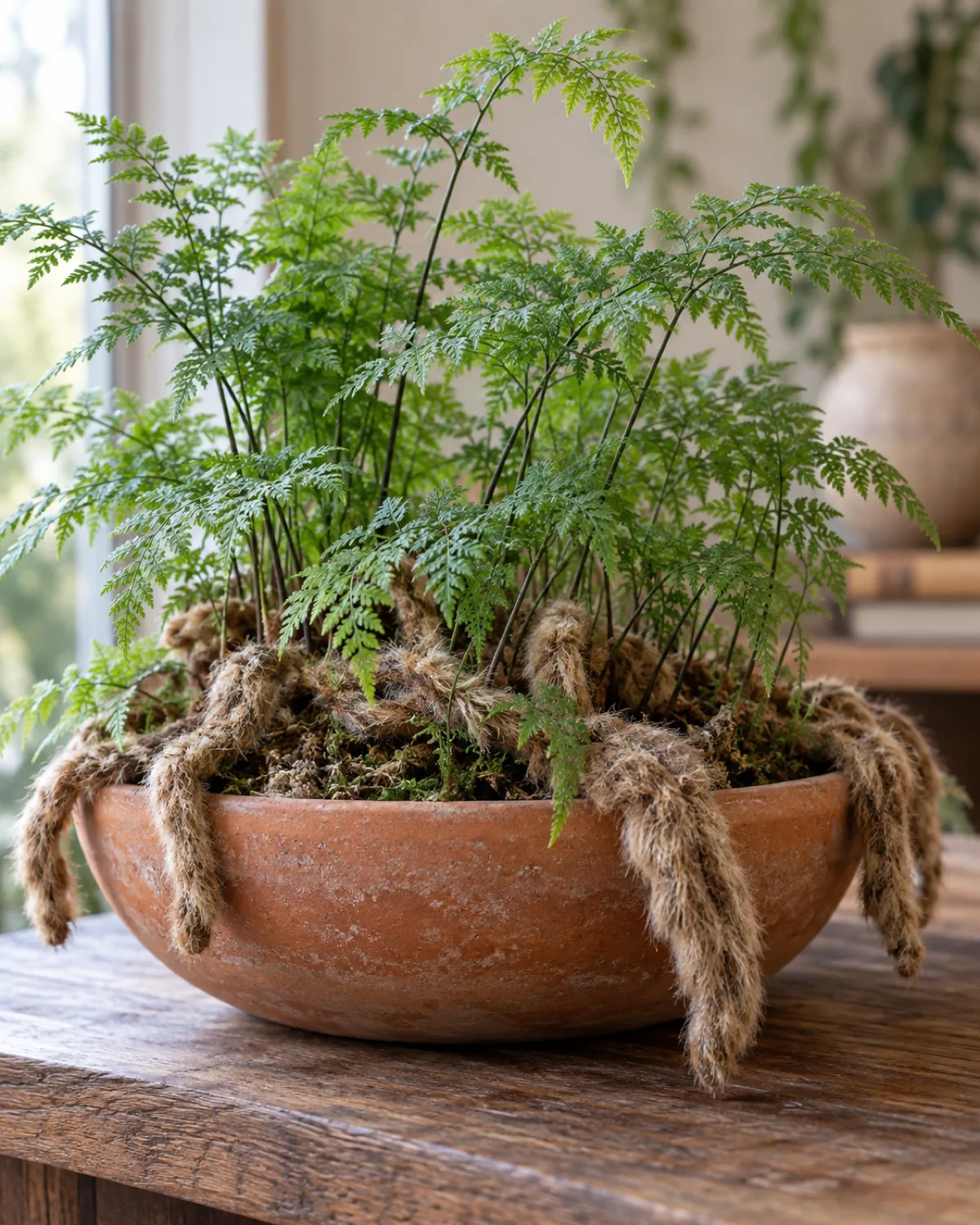 Rabbit's foot fern in a shallow wide terracotta bowl with distinctive furry brown rhizomes creeping and dangling over the pot edge like animal paws and delicate lacy green fronds growing upward
