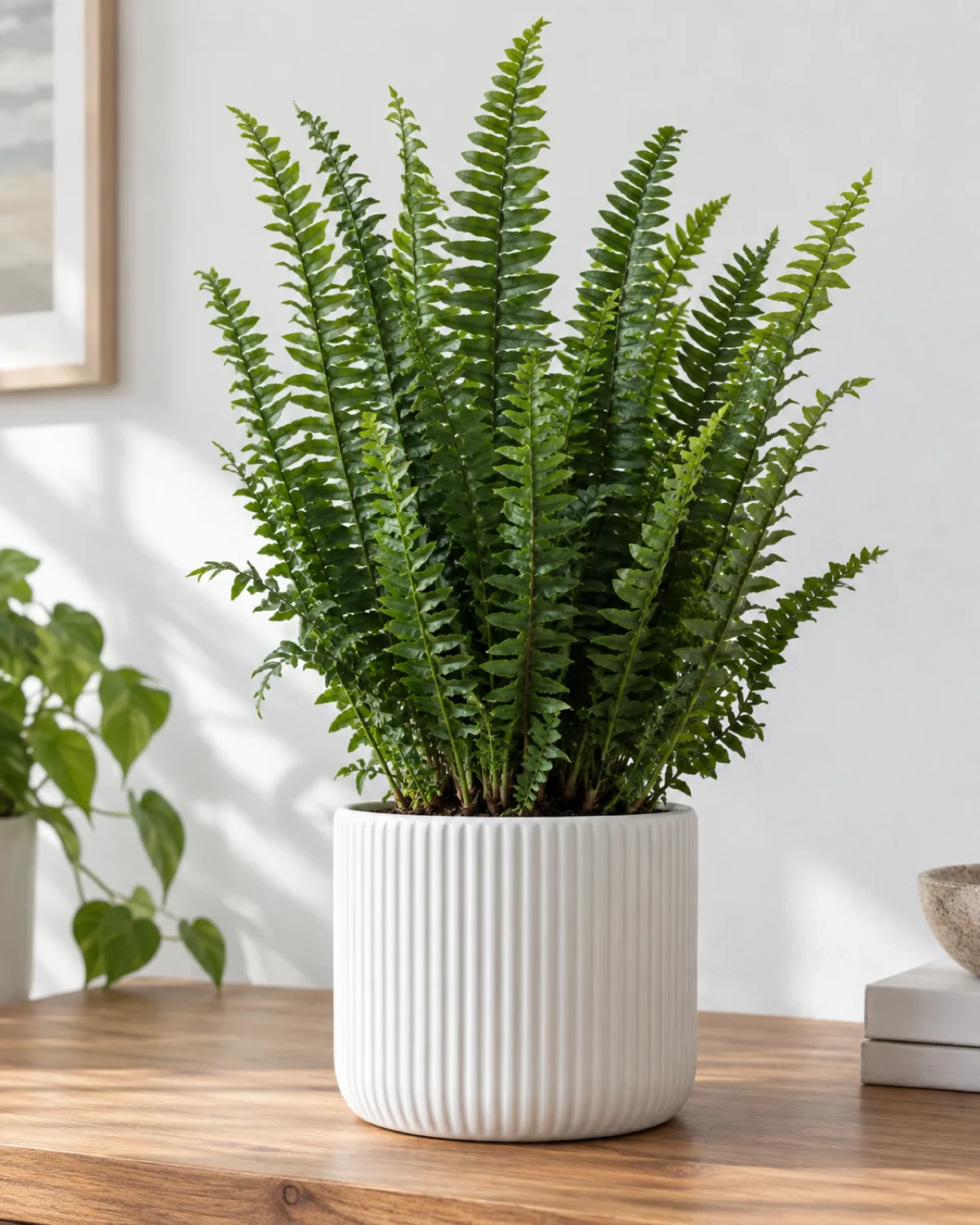 Kimberly Queen fern in a white ribbed ceramic pot on a clean wooden tabletop with upright sword-like dark green fronds growing vertically in a neat tidy habit in a modern minimalist interior