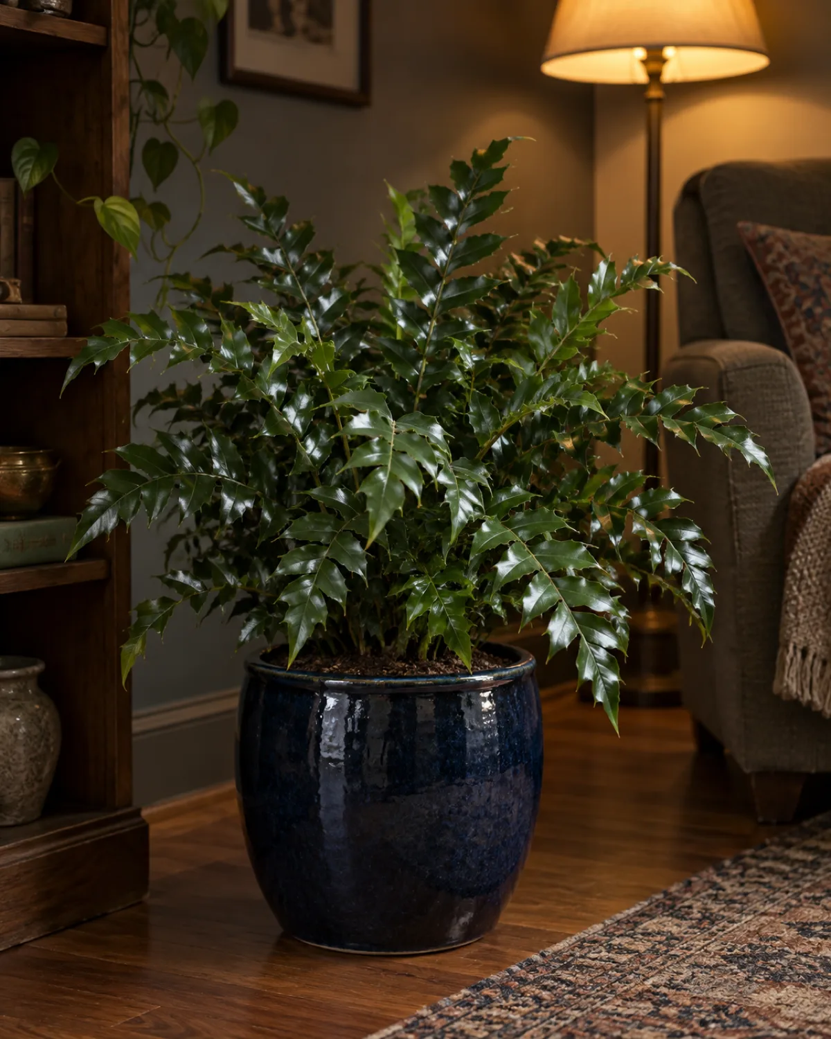 Holly fern in a dark glazed navy ceramic pot with glossy dark green holly-shaped pinnae and thick leathery texture set in a dimly lit corner with a reading lamp in the background