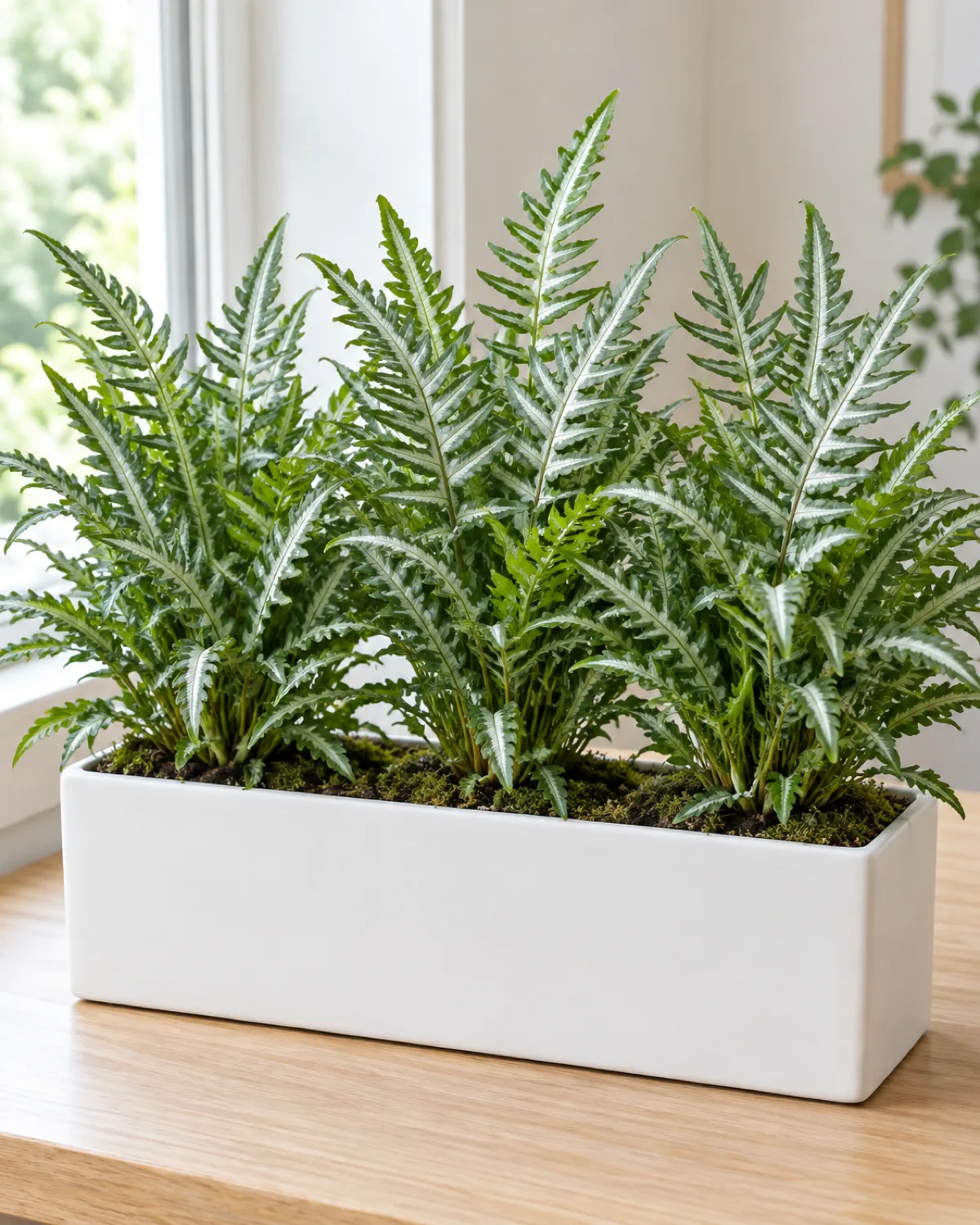 Three silver brake ferns planted together in a long rectangular white planter looking architectural and elegant with each frond showing a distinctive white-to-silver central stripe with green margins