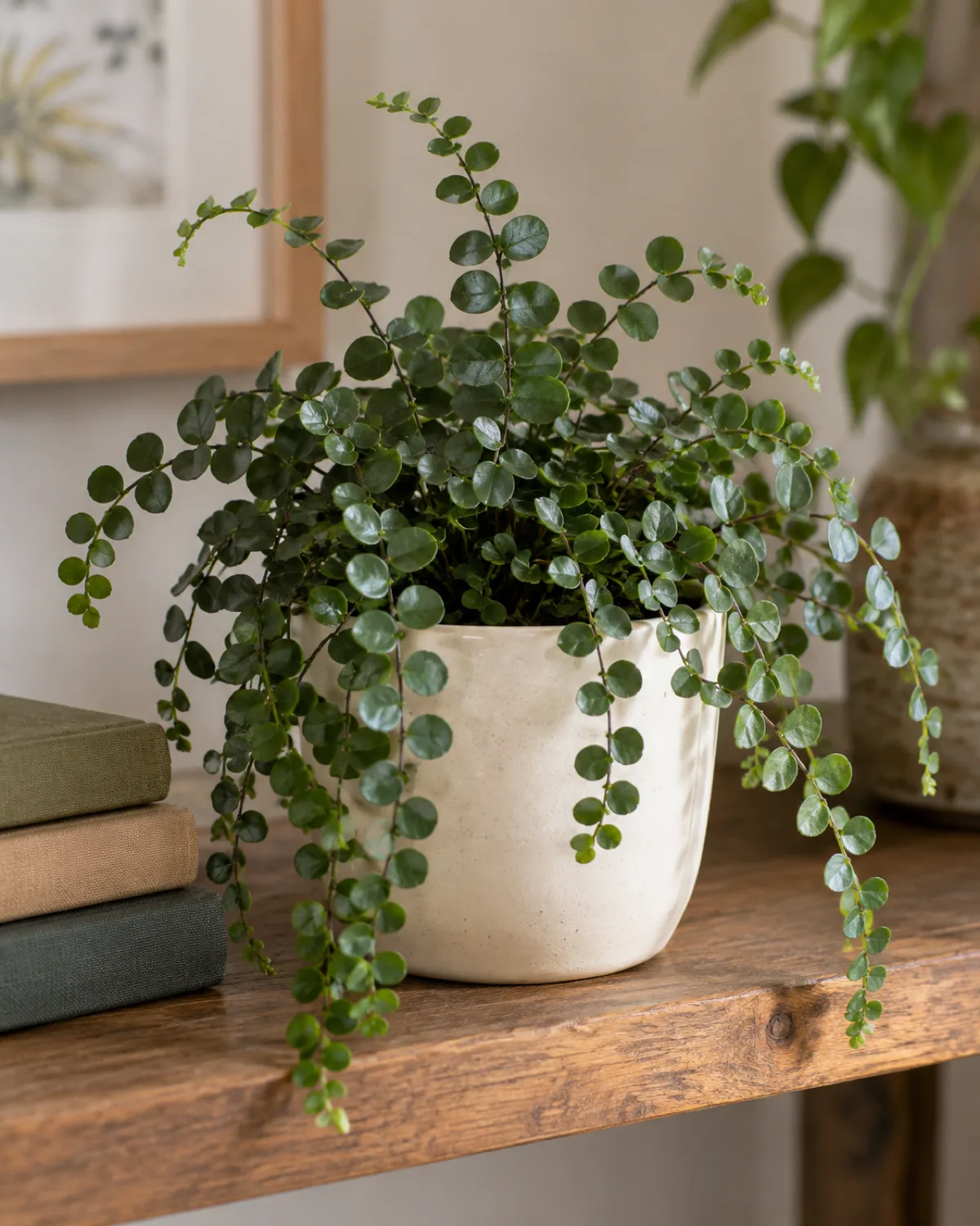 Button fern in a small cream ceramic pot with round dark green button-shaped leaflets arranged along wiry dark arching stems cascading slightly over the pot edge on a wooden shelf