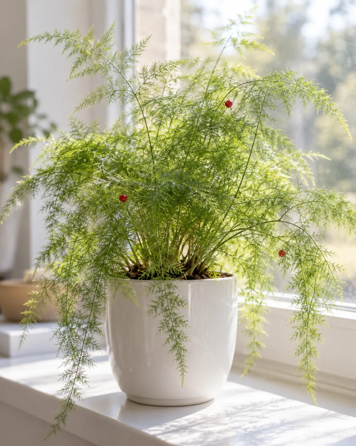 Asparagus fern in a white ceramic pot on a bright windowsill with feathery light green needle-like cladodes in flat triangular sprays on arching stems and small bright red berries among the foliage