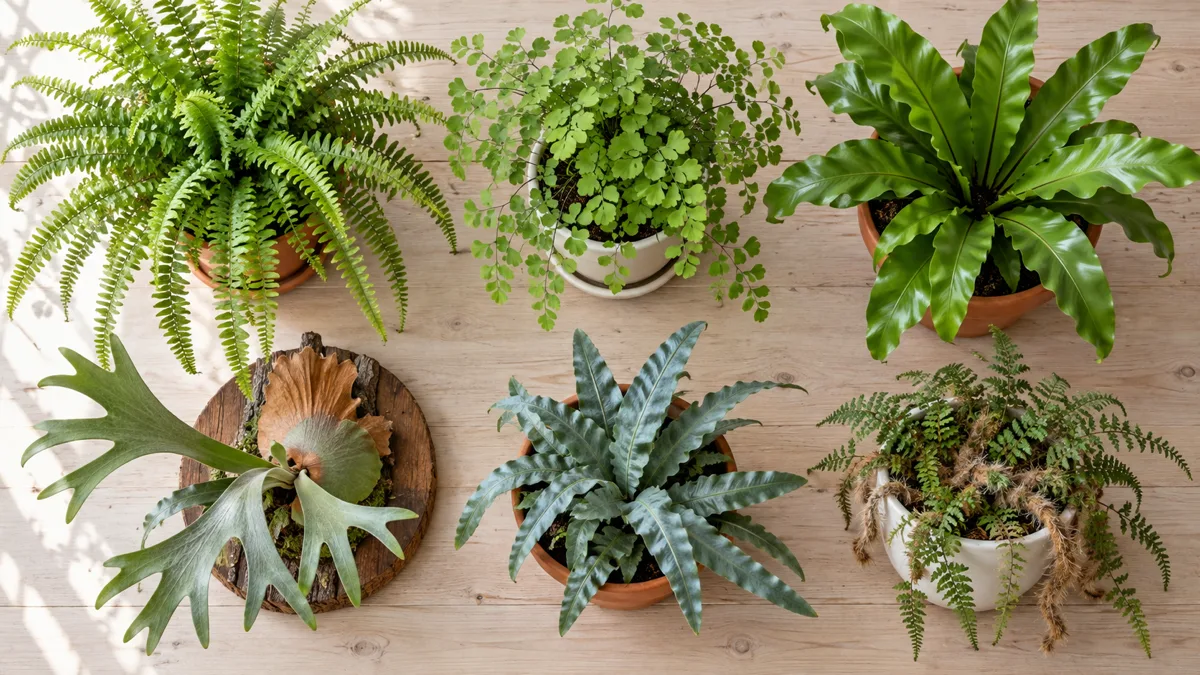 Overhead flat lay of six different fern types in terracotta and white ceramic pots on a pale wooden table showing Boston fern maidenhair fern bird's nest fern staghorn fern blue star fern and rabbit's foot fern
