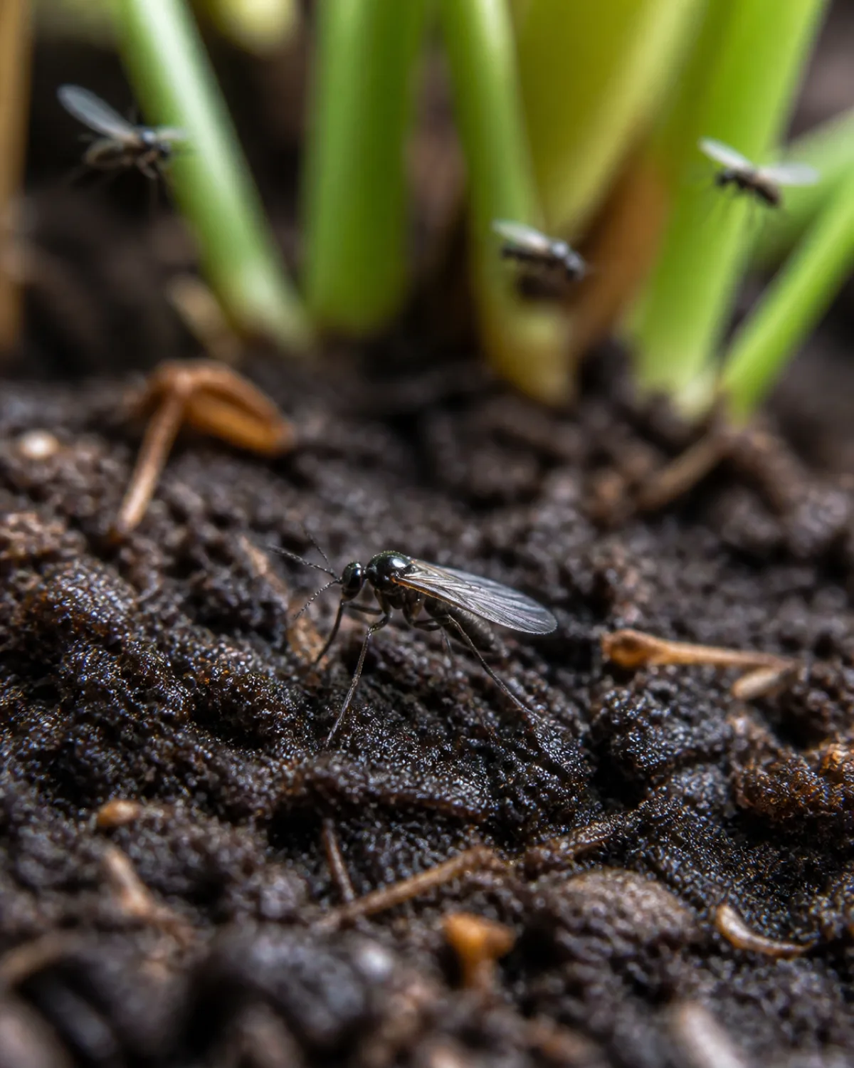 Extreme close-up macro shot of a single adult fungus gnat tiny dark fly about 2 to 3 millimeters resting on the moist dark surface of potting soil in a houseplant pot the insect delicate wings and long legs clearly visible a few other gnats visible slightly out of focus in the background hovering above the soil shallow depth of field with green plant stems in soft bokeh behind natural light