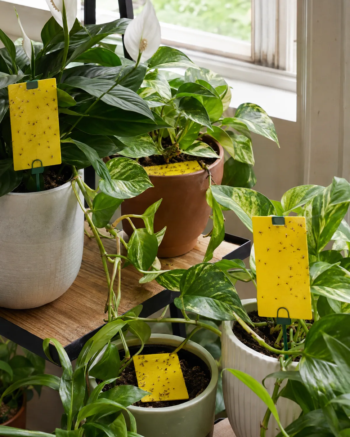 Several bright yellow sticky trap cards arranged among a group of potted indoor plants on a plant shelf some traps placed flat on the soil surface and some clipped to small stakes visible tiny dark gnats stuck to the traps the plants including various tropical houseplants like pothos and peace lily natural window light illuminating the scene practical pest control setup
