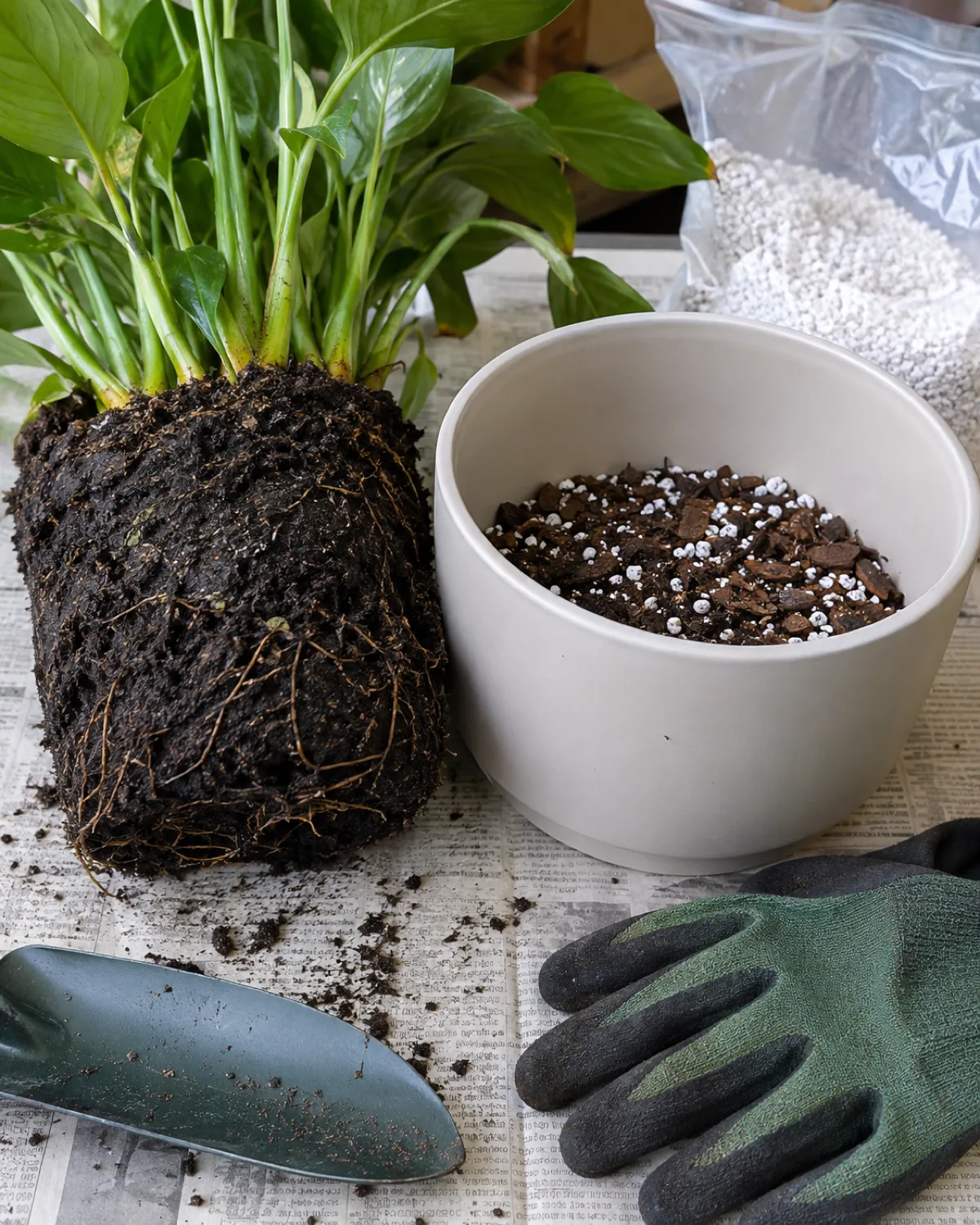 A repotting scene showing a houseplant removed from its pot with old dark soil and visible tiny larvae damage on some roots next to a clean new pot with drainage holes and fresh chunky well-draining soil mix inside visible perlite chunks and bark pieces mixed in gardening gloves a small trowel and a bag of perlite on a newspaper-covered table bright natural light repotting tutorial style showing the contrast between old infested soil and fresh clean mix