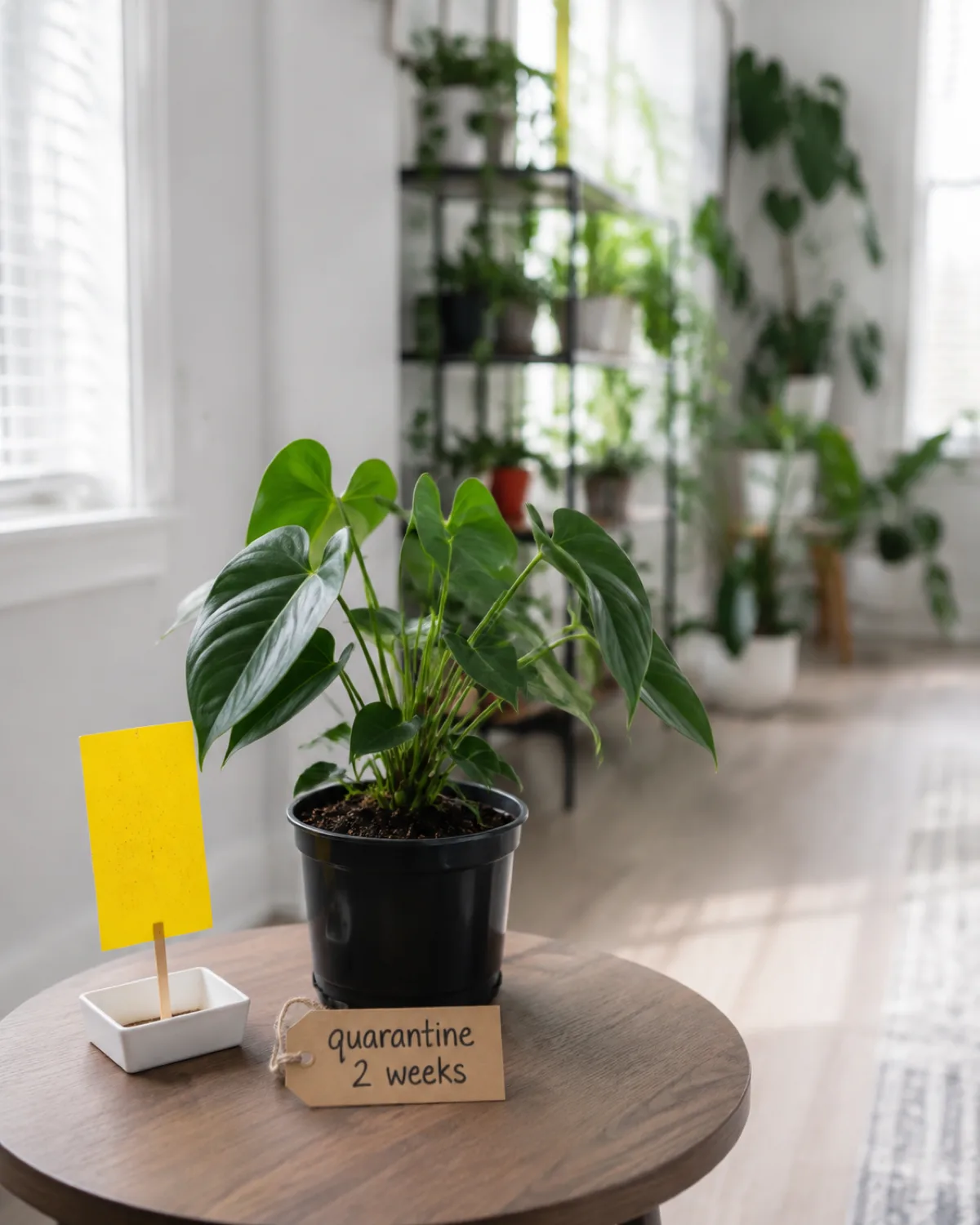 A newly purchased houseplant in a nursery pot sitting isolated on a separate small table away from a larger collection of established houseplants visible in the soft background a yellow sticky trap placed next to the new plant a small sign reading quarantine 2 weeks demonstrating the isolation practice for new plant arrivals bright clean interior natural light prevention-focused gardening style