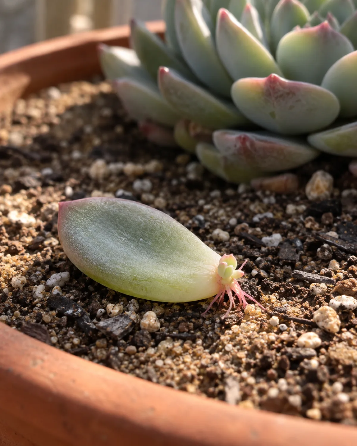 A single fallen echeveria leaf on dry sandy soil in a terracotta saucer with tiny pink roots emerging from the broken end and a green nub of a new rosette the mother plant in soft focus behind warm side light macro botanical photography