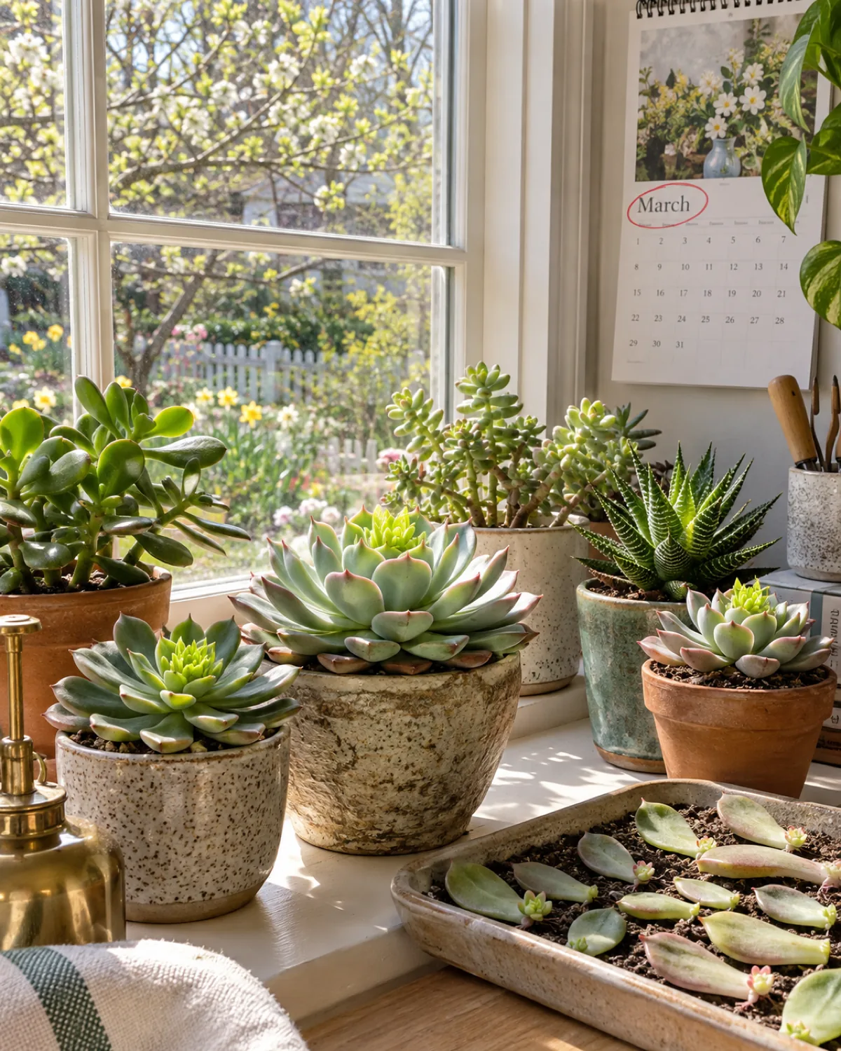 A bright windowsill in spring with succulents showing active new growth lighter green centers and new leaves pushing up outside the window spring garden visible with soft green buds a small tray of succulent leaves set out for propagation cheerful morning light