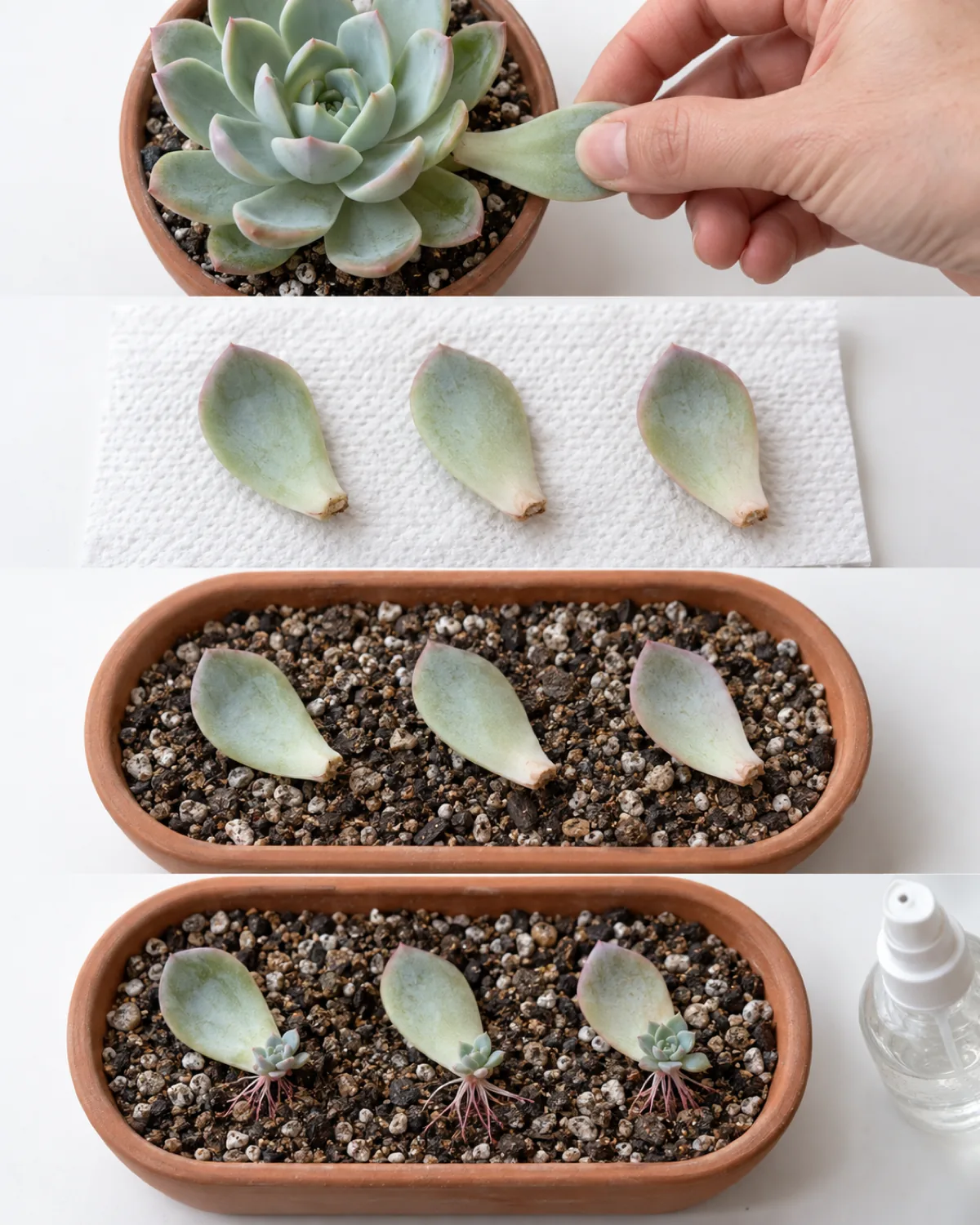 A step by step layout on white surface showing leaf propagation from top to bottom a hand twisting a leaf off an echeveria then leaves callousing on a paper towel then calloused leaves on dry gritty soil in a terracotta tray then sprouted leaves with roots and rosettes near a spray bottle