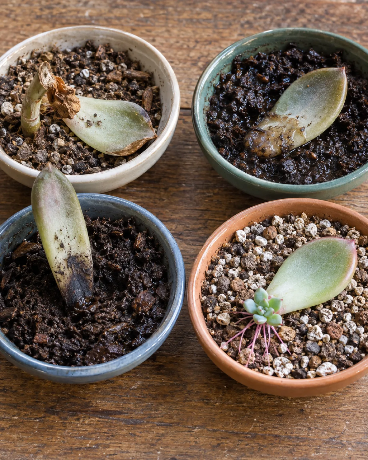 A comparison on a wooden table showing three failed succulent leaf propagations next to one successful one a torn leaf shriveled brown a leaf in damp dark soil with mushy translucent base a buried leaf turning black and one successful leaf flat on dry gritty soil with pink roots and a tiny rosette
