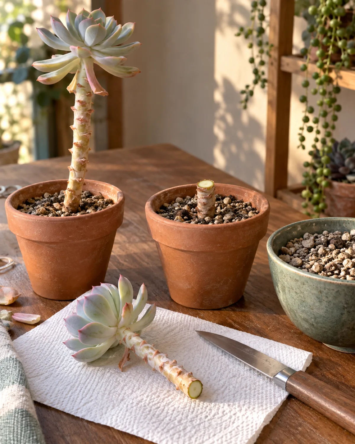 A tall leggy echeveria with a long bare stem and rosette at top next to a freshly cut four inch stem cutting with lower leaves stripped lying on paper towel callousing a clean knife beside it a small pot of dry gritty mix waiting nearby the plant stump showing the cut top