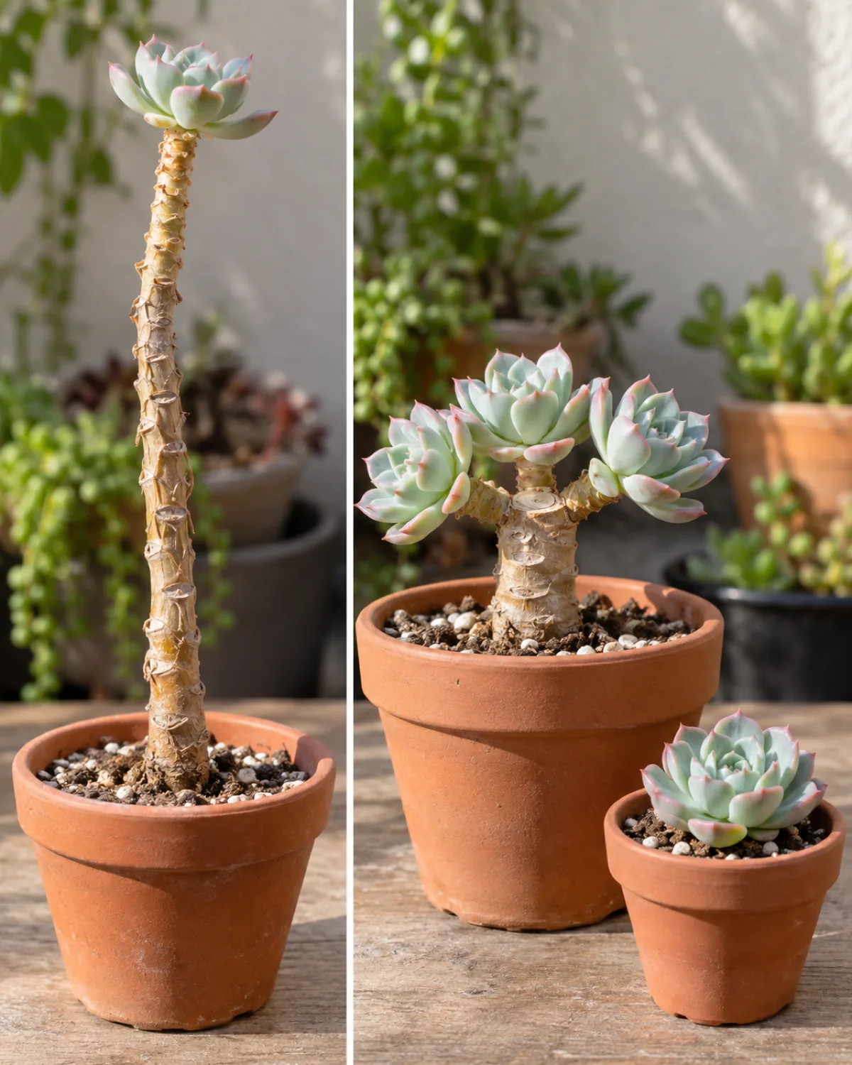 A before and after split showing succulent beheading on one side a severely etiolated stretched succulent with a tall bare woody stem and tiny rosette on the other the same plant stump with three new rosette pups growing the removed rosette head potted separately in a small terracotta pot looking compact and healthy