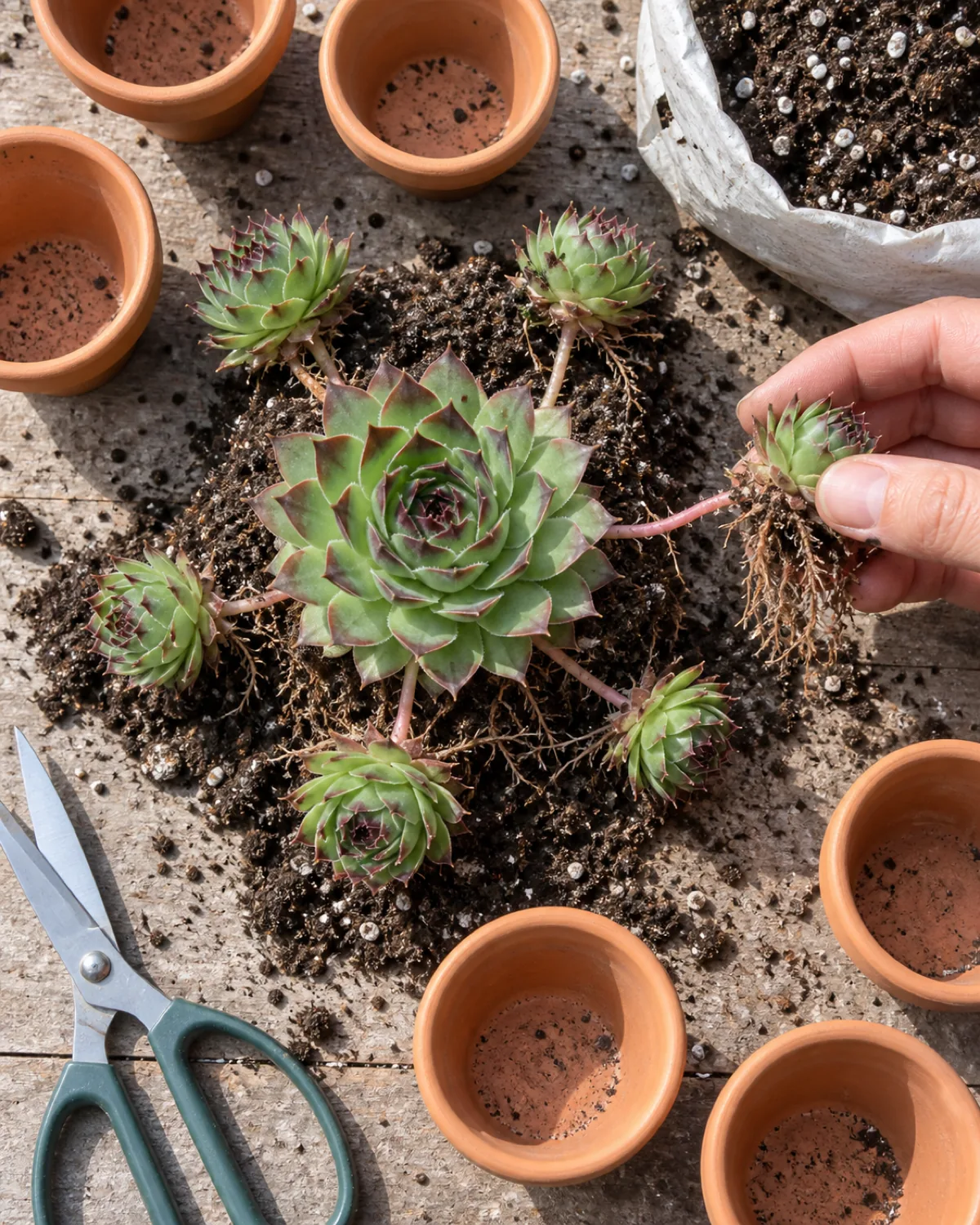 A top down view of a mature hen and chicks sempervivum unpotted with soil loosened showing the mother rosette surrounded by six small offset pups connected by runners a hand gently pulling one pup showing its small root system clean scissors nearby empty terracotta pots arranged around
