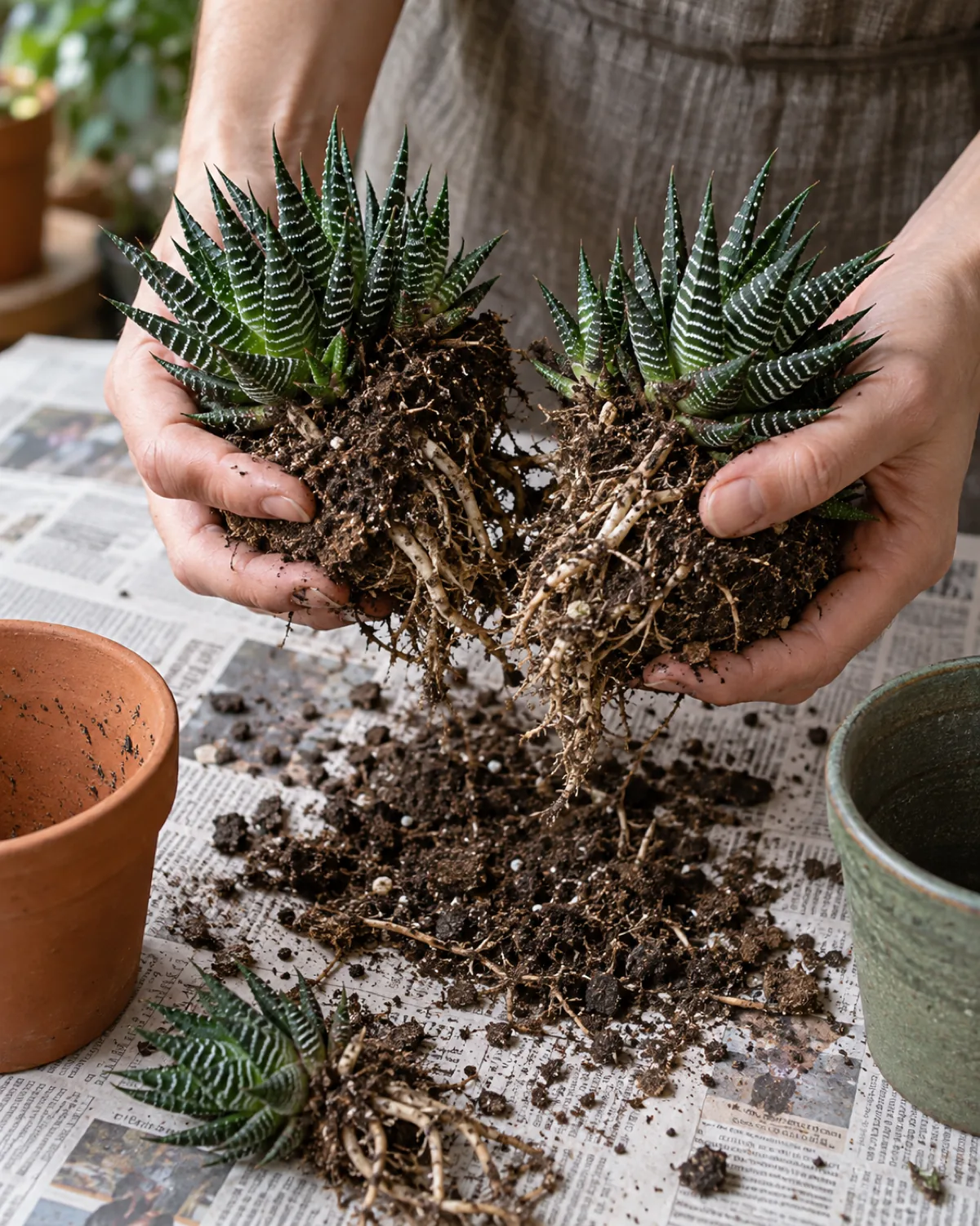 A clumping sedum or haworthiopsis removed from its pot showing a dense root ball with multiple plants growing tightly together two hands gently teasing the root ball apart into two sections with roots attached to each loose soil falling onto newspaper two clean empty pots waiting on either side