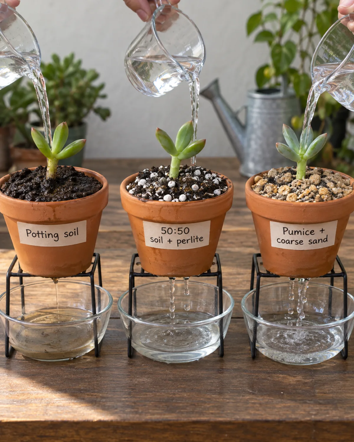 A comparison of three small terracotta pots on a wooden table each with different soil mixes the first dark wet standard potting soil the second a fifty fifty succulent soil and perlite mix showing white perlite chunks the third an even grittier mix with pumice and coarse sand a succulent cutting in each bright educational photography