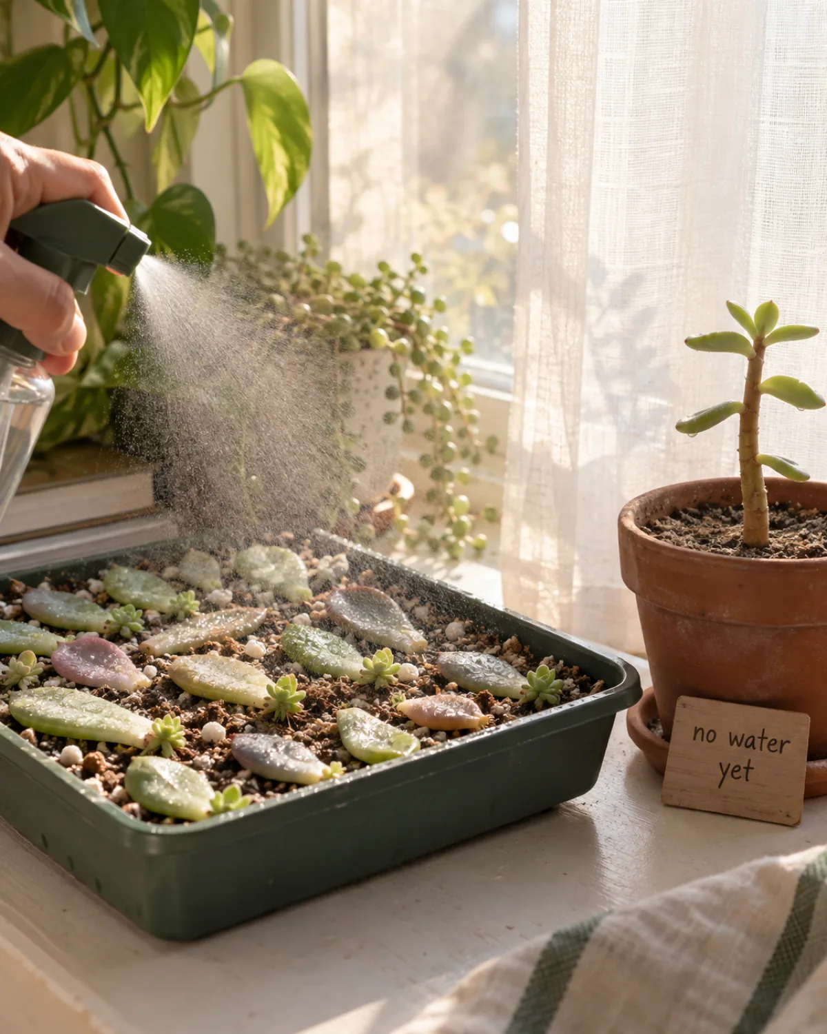 A propagation tray of succulent leaf cuttings on a bright windowsill with a sheer curtain filtering light a spray bottle misting fine droplets over the leaves next to the leaf tray a pot with a stem cutting in dry soil with a small sign reading no water yet the contrast between misting for leaves and dry neglect for cuttings warm afternoon light