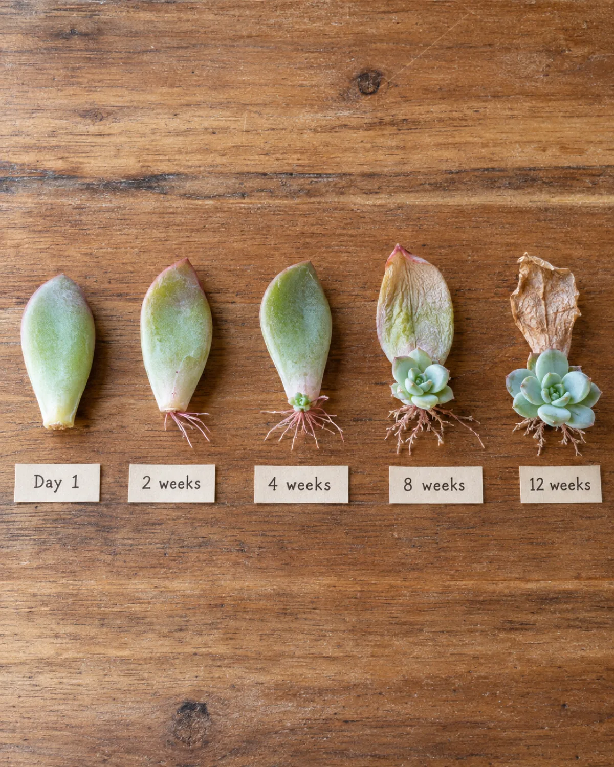 A timeline progression of succulent leaf propagation arranged left to right on a wooden board like a growth chart freshly detached leaf callousing then at two weeks tiny pink roots then at four weeks roots and a small green nub then at eight weeks a dime sized rosette with mother leaf shriveling then at twelve weeks a small independent succulent with original leaf dried up small date labels bright even lighting