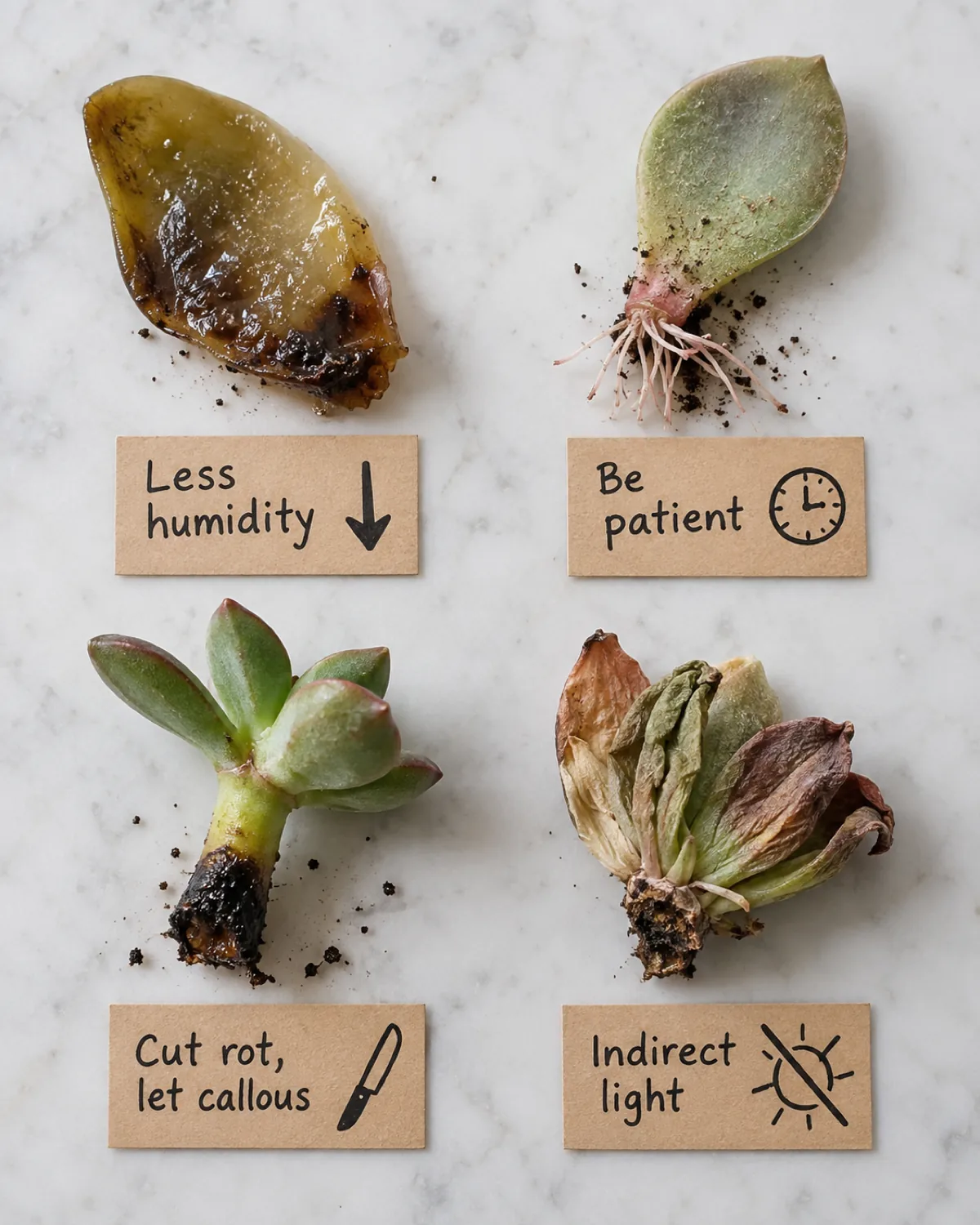 A diagnostic flat lay showing four common propagation problems a mushy translucent rotted leaf a leaf with roots but no rosette after weeks a stem cutting with black rotted base and a separated offset wilting and sunburned next to each a visual element suggesting the fix clear overhead lighting