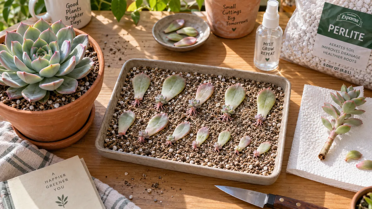 A bright wooden table propagation workspace with a healthy echeveria in a terracotta pot detached succulent leaves on dry sandy soil showing pink roots and tiny rosettes a stem cutting callousing on a paper towel perlite bag and small spray bottle in warm morning light