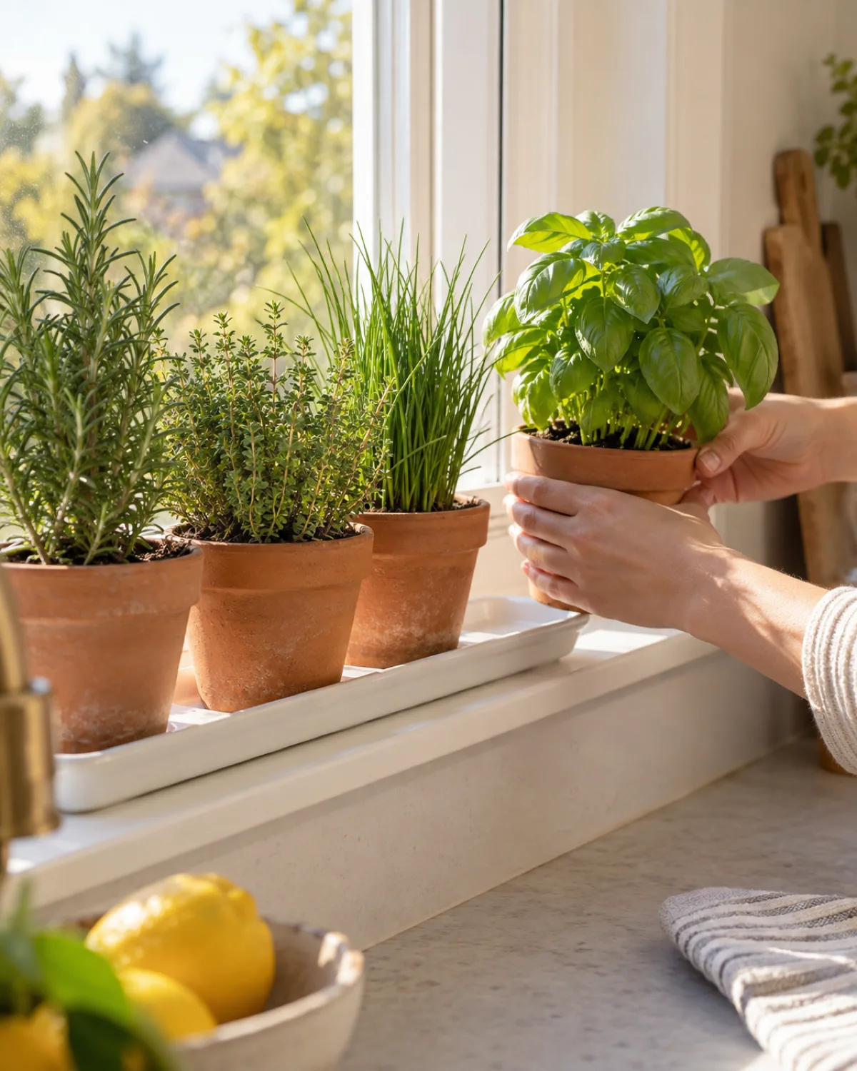 Hands placing a small terracotta pot with fresh green basil onto a sunny south-facing windowsill with other herb pots lined up on a white ceramic drip tray in warm golden natural light