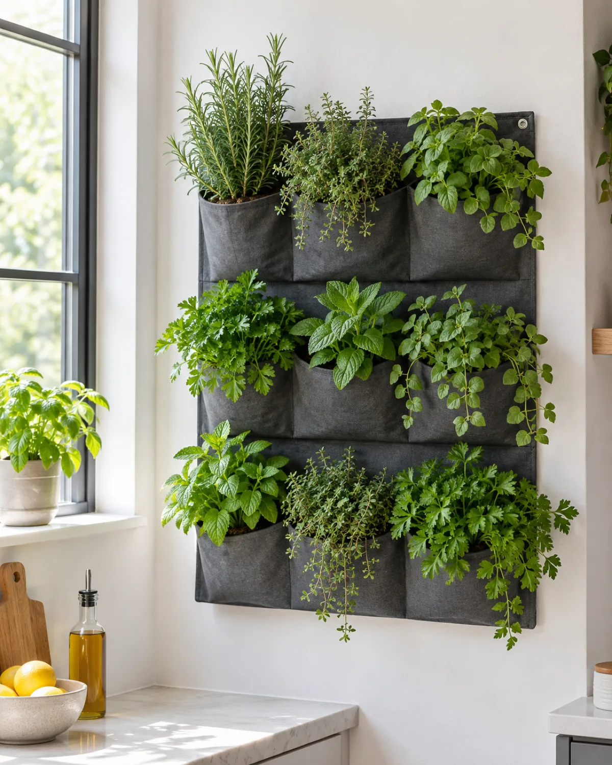 A wall-mounted vertical herb planter with pocket compartments holding rosemary thyme oregano parsley and mint mounted on a white kitchen wall near a window
