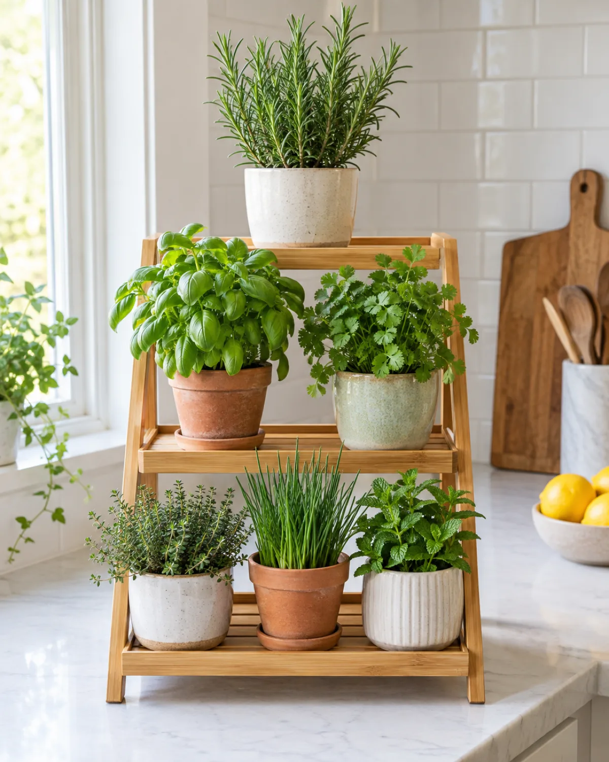 A three-tiered bamboo plant stand on a kitchen counter holding six herb pots arranged by height with natural light from a side window and a clean minimalist kitchen background