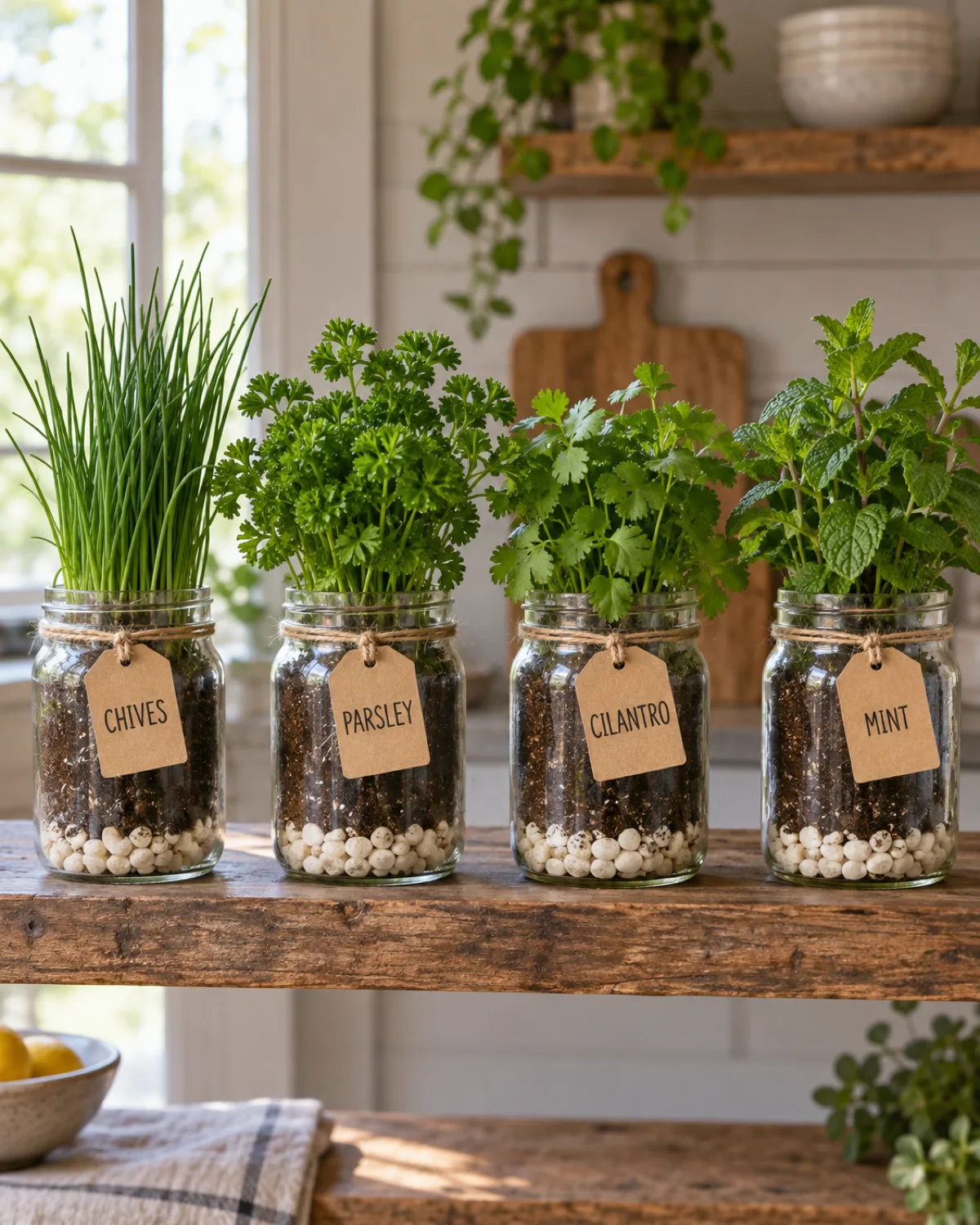 Four clear mason jars in a row on a rustic wooden shelf each containing a different fresh herb with visible pebble drainage layers through the clear glass and handwritten kraft paper labels tied with twine