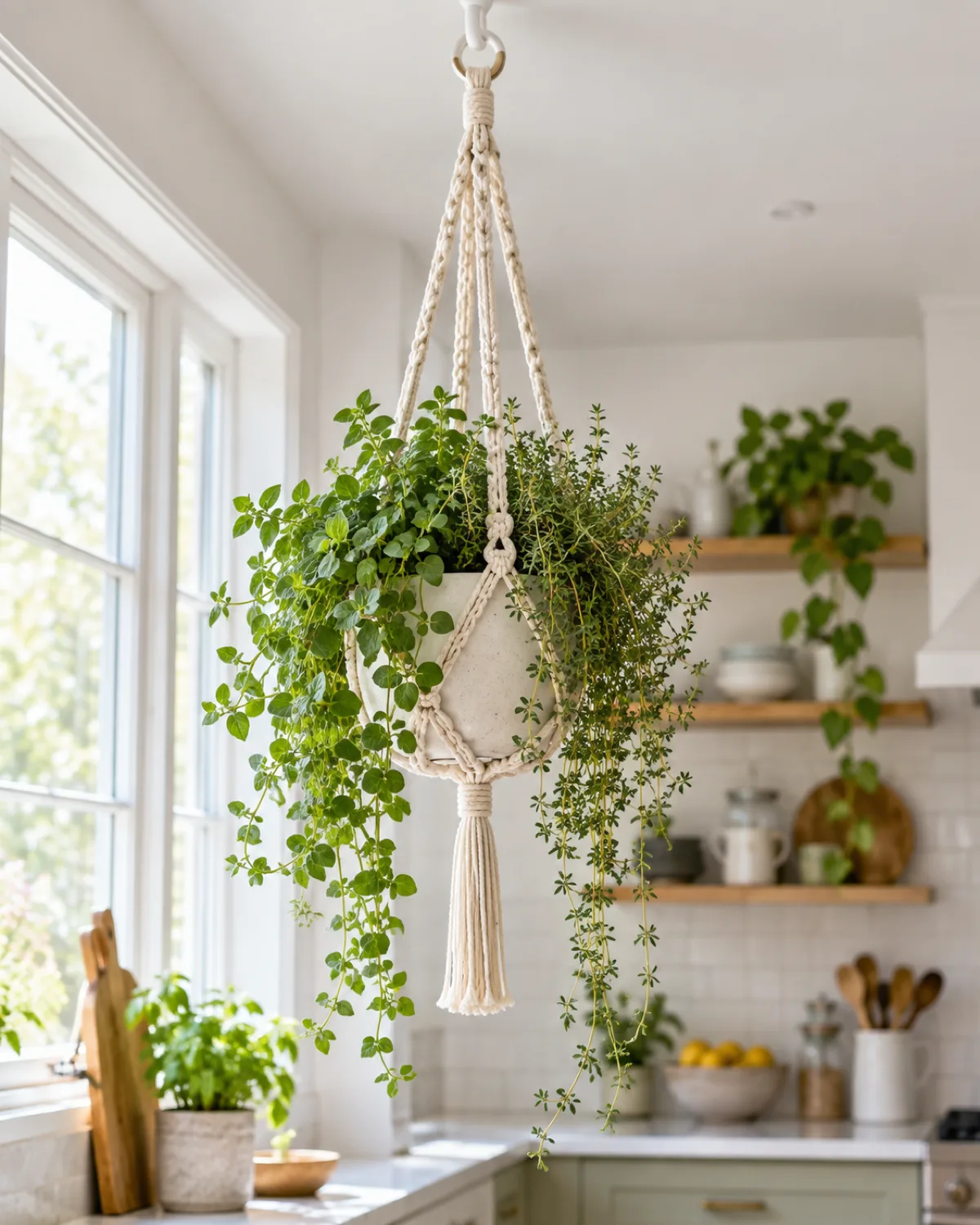 A woven macrame plant hanger suspended from a white ceiling hook near a bright kitchen window with trailing oregano and thyme cascading from the pot in a bright airy room