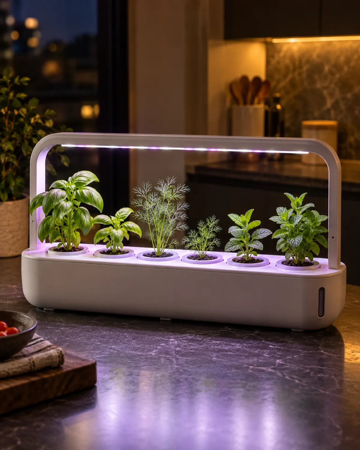 A modern countertop hydroponic herb garden system with a built-in LED grow light panel arching over six small pods of growing basil dill and mint seedlings in an evening kitchen setting with warm ambient lighting