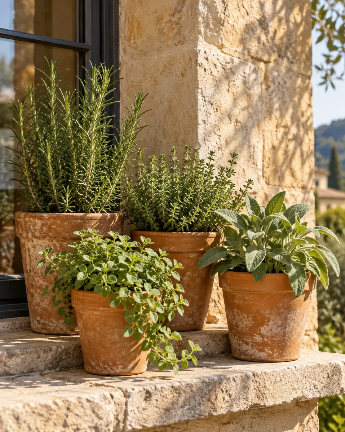 A cluster of four terracotta pots with rosemary thyme oregano and sage grouped together on a sunny stone window ledge in warm golden afternoon light with a Mediterranean atmosphere