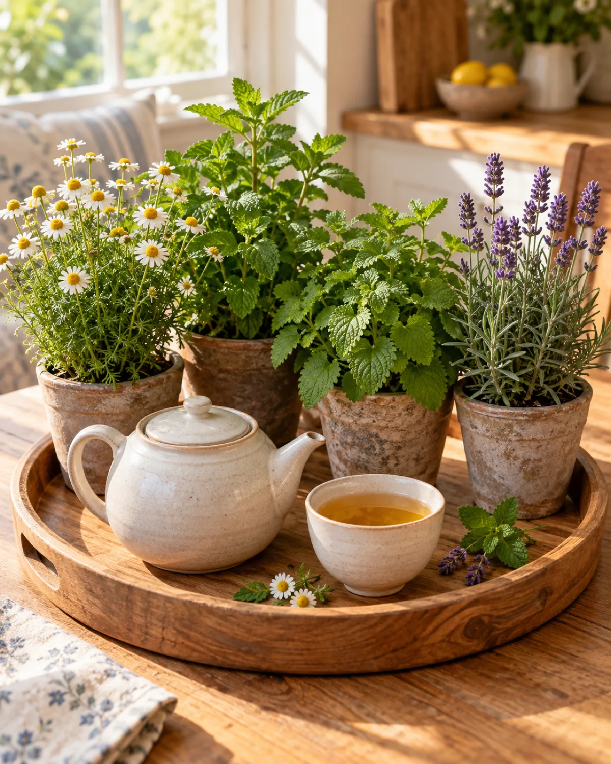 Four herb pots arranged on a natural wood tray next to a ceramic teapot and a small cup of golden herbal tea with chamomile flowers peppermint lemon balm and lavender in a cozy morning kitchen scene