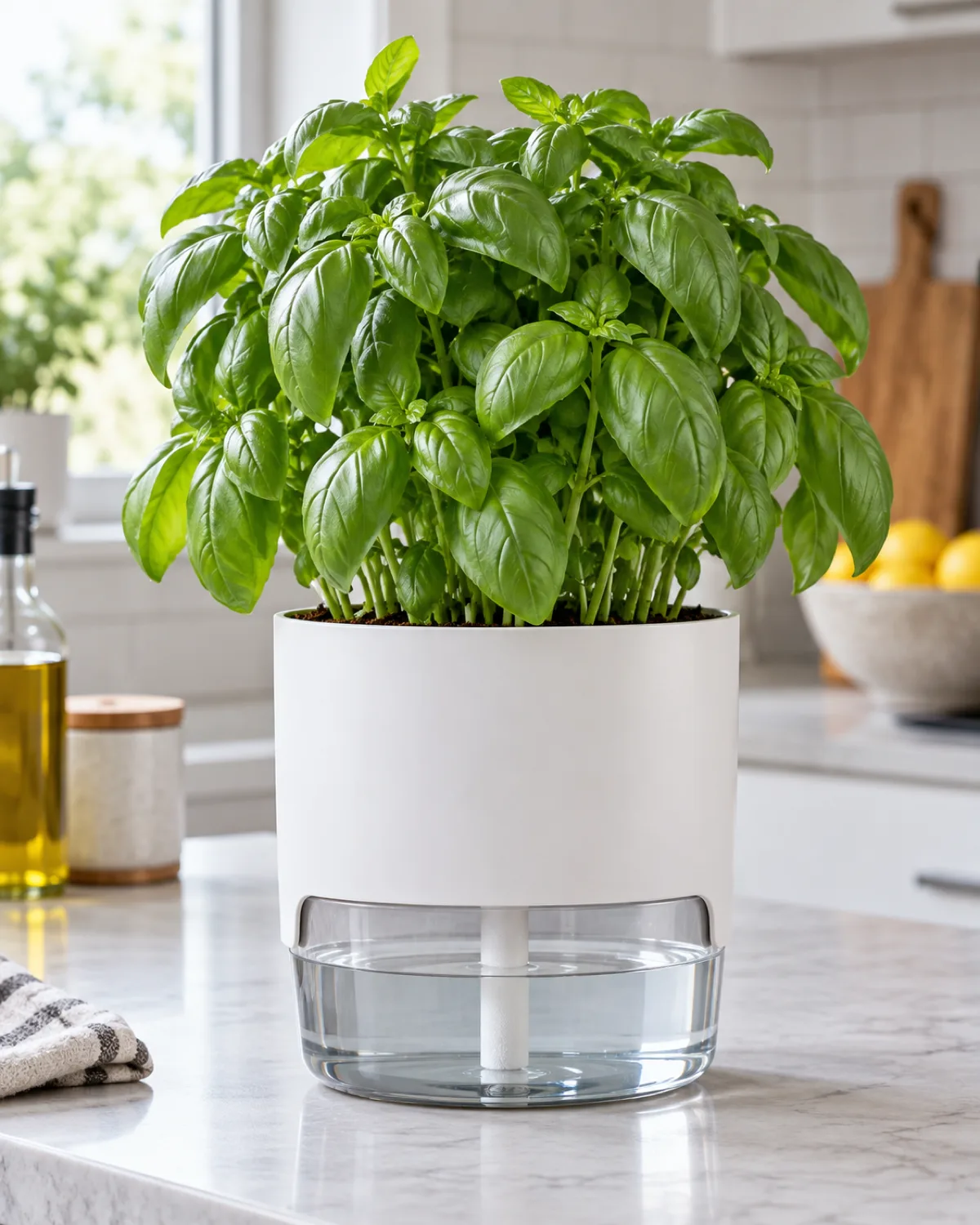 A modern white self-watering planter on a kitchen counter with a transparent water reservoir section visible at the bottom and a lush bushy basil plant growing vigorously from the top in bright natural kitchen light