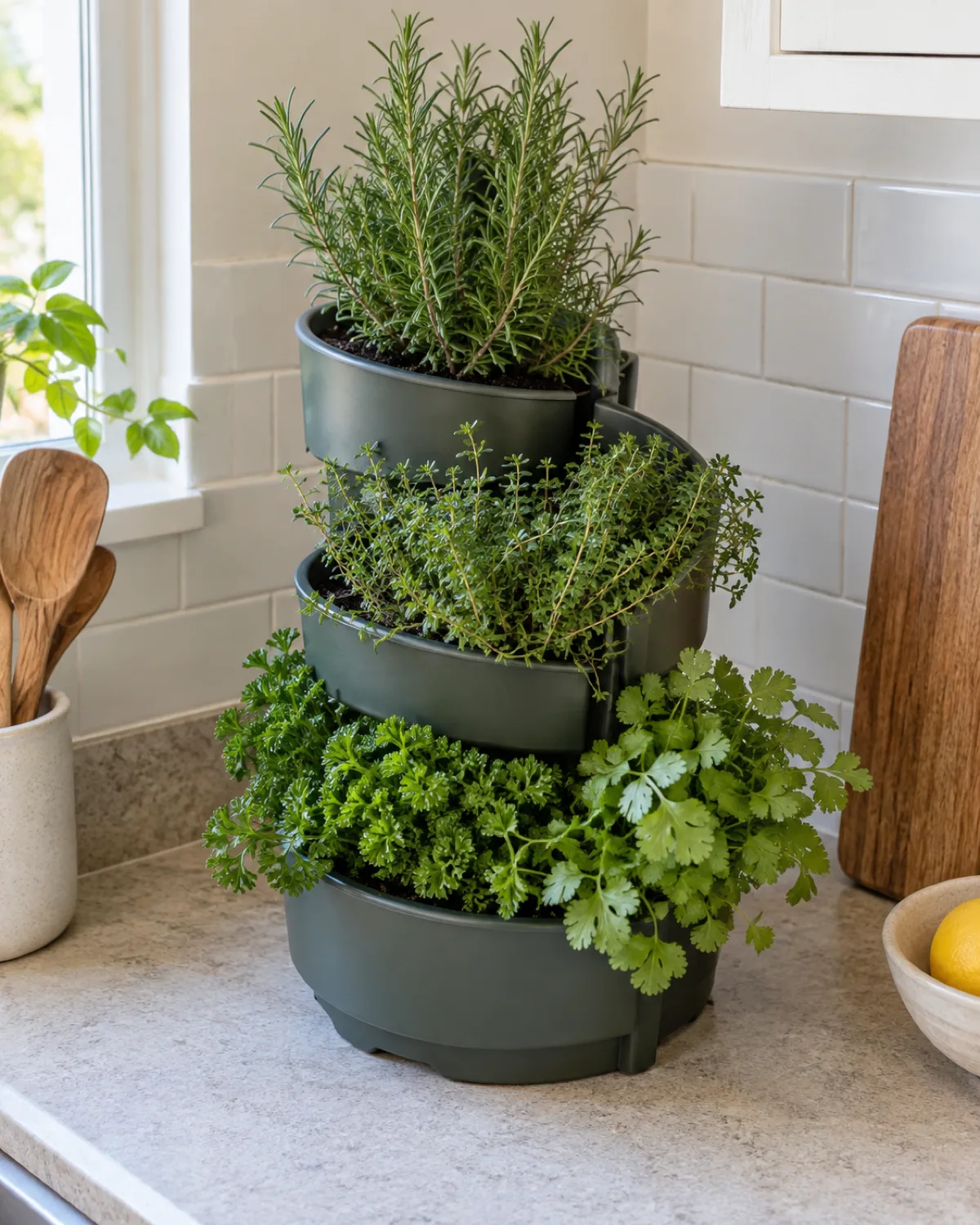A stackable spiral tower herb planter on a kitchen counter corner viewed from a slightly elevated angle showing different herbs at each tier level with a compact footprint and natural overhead kitchen lighting