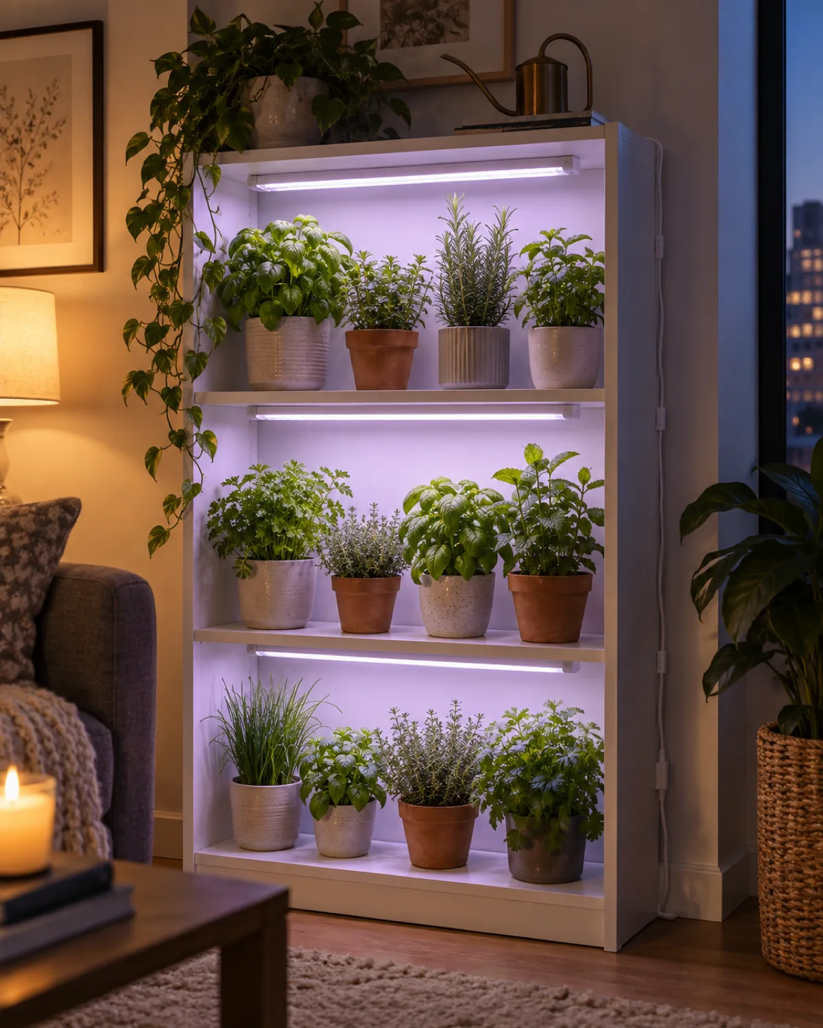 A white bookshelf with three shelves each fitted with strip LED grow lights illuminating multiple herb pots in a cozy apartment corner with warm ambient background lighting mixed with purple-white grow light in an evening setting
