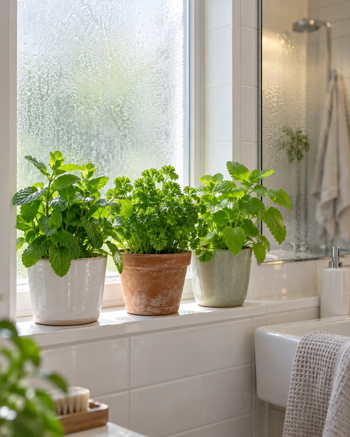A bathroom windowsill with three small pots of mint parsley and lemon balm with frosted glass letting in bright filtered light and a slightly steam-fogged mirror in the background suggesting post-shower humidity